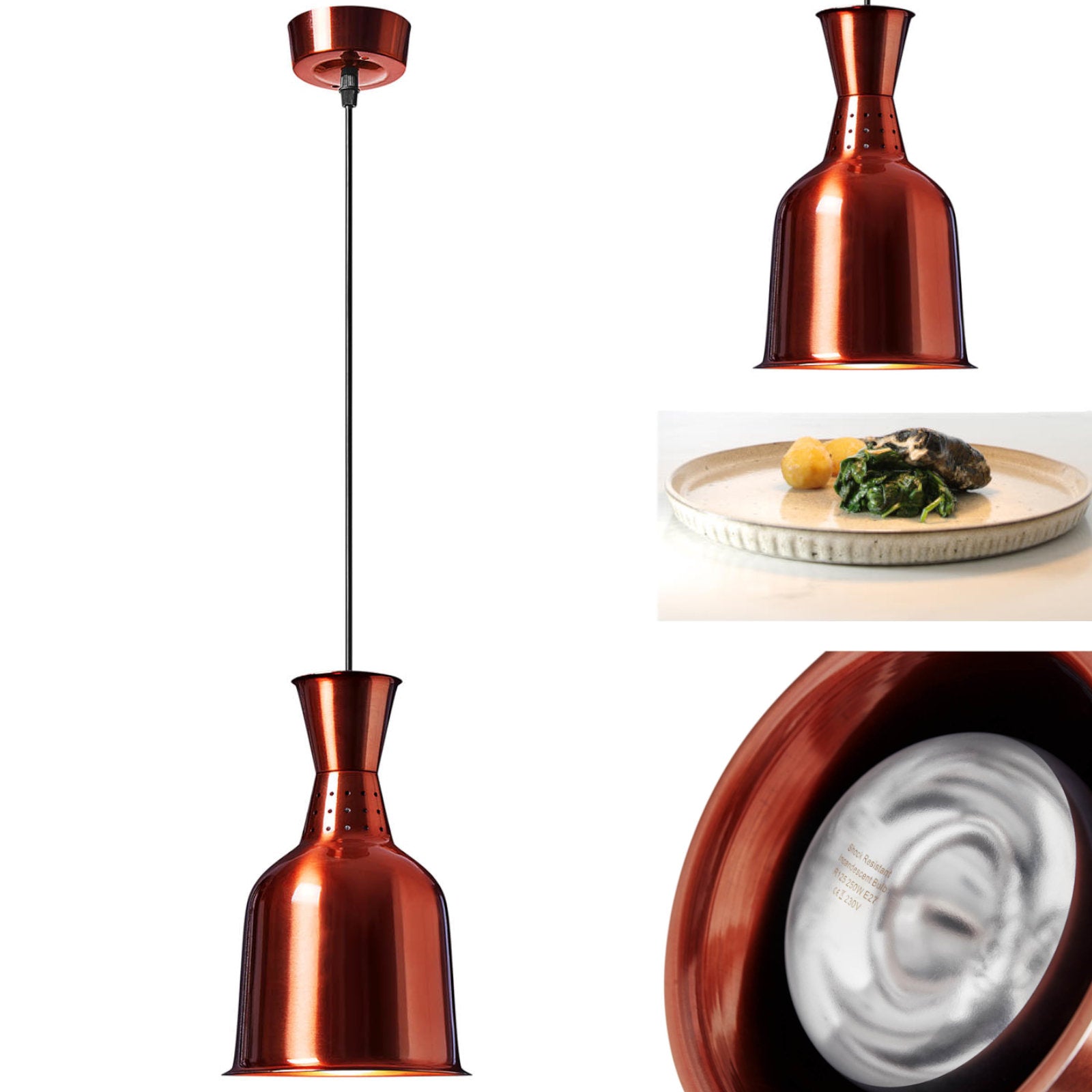 Infraröd IR värmelampa för fat, hängande, mässing dia. 19 cm 250 W