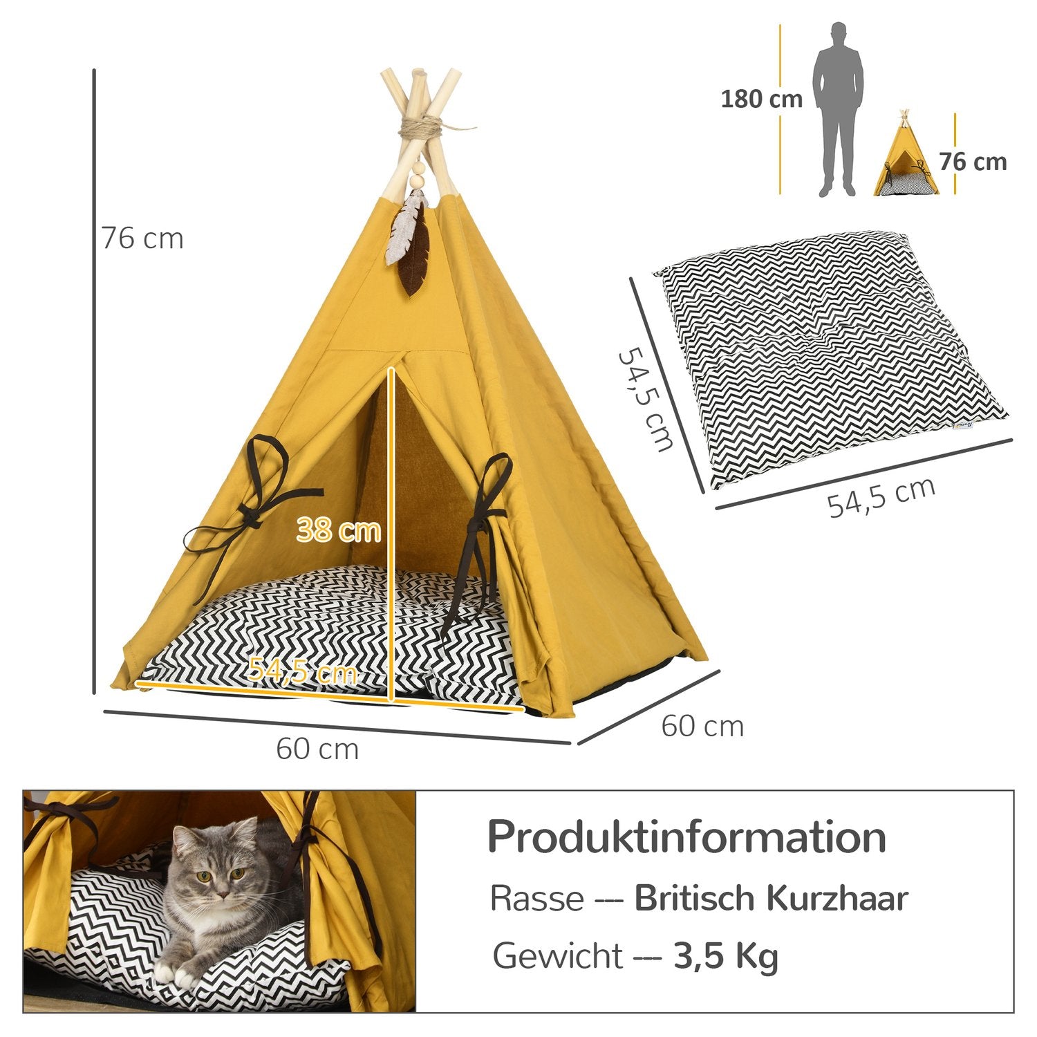 Inomhus katt & hund Tipi tältsäng, furu, gul kudde