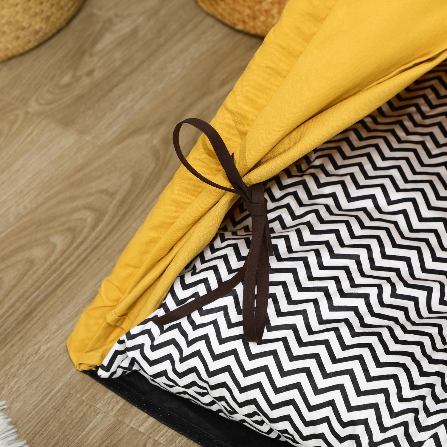 Inomhus katt & hund Tipi tältsäng, furu, gul kudde