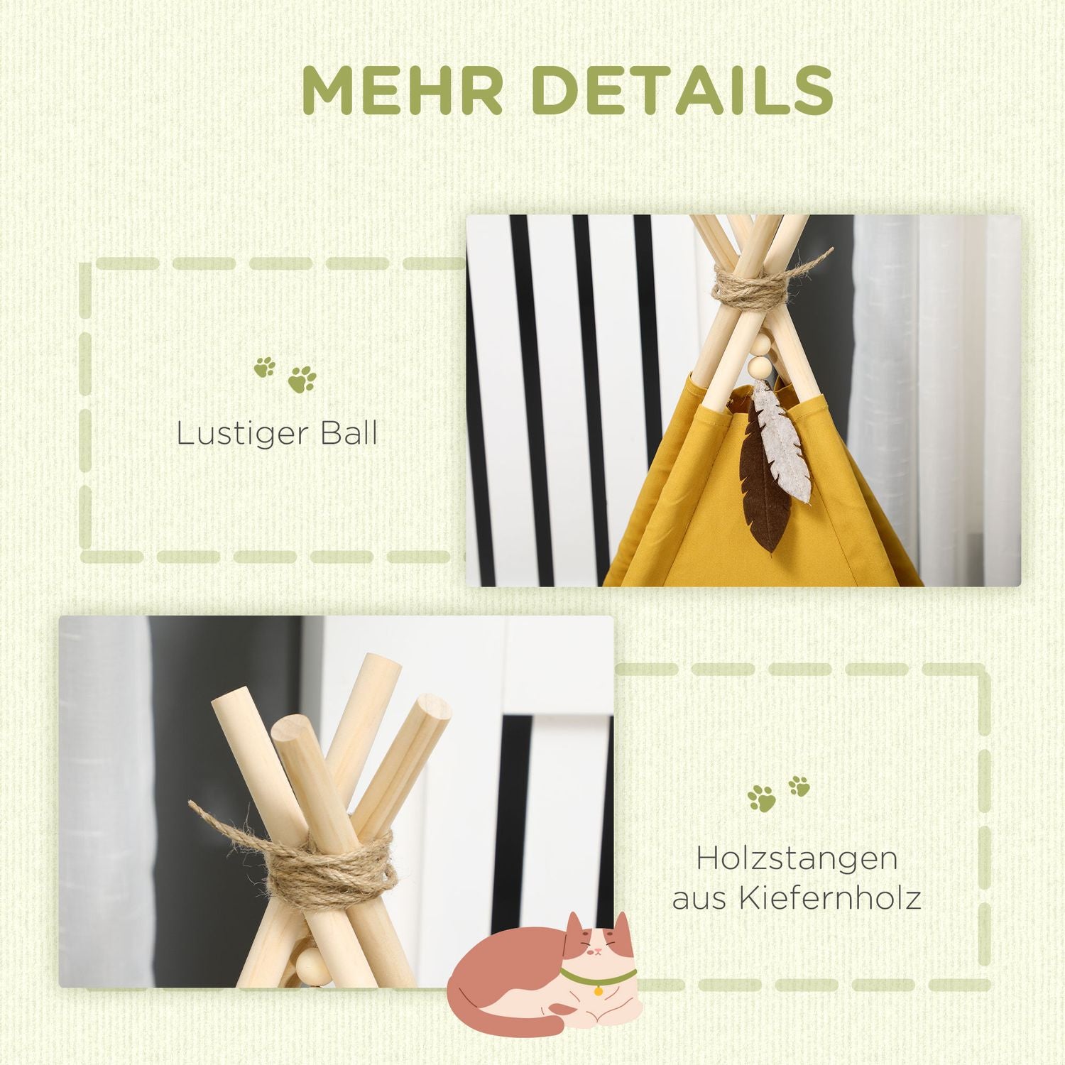 Inomhus katt & hund Tipi tältsäng, furu, gul kudde