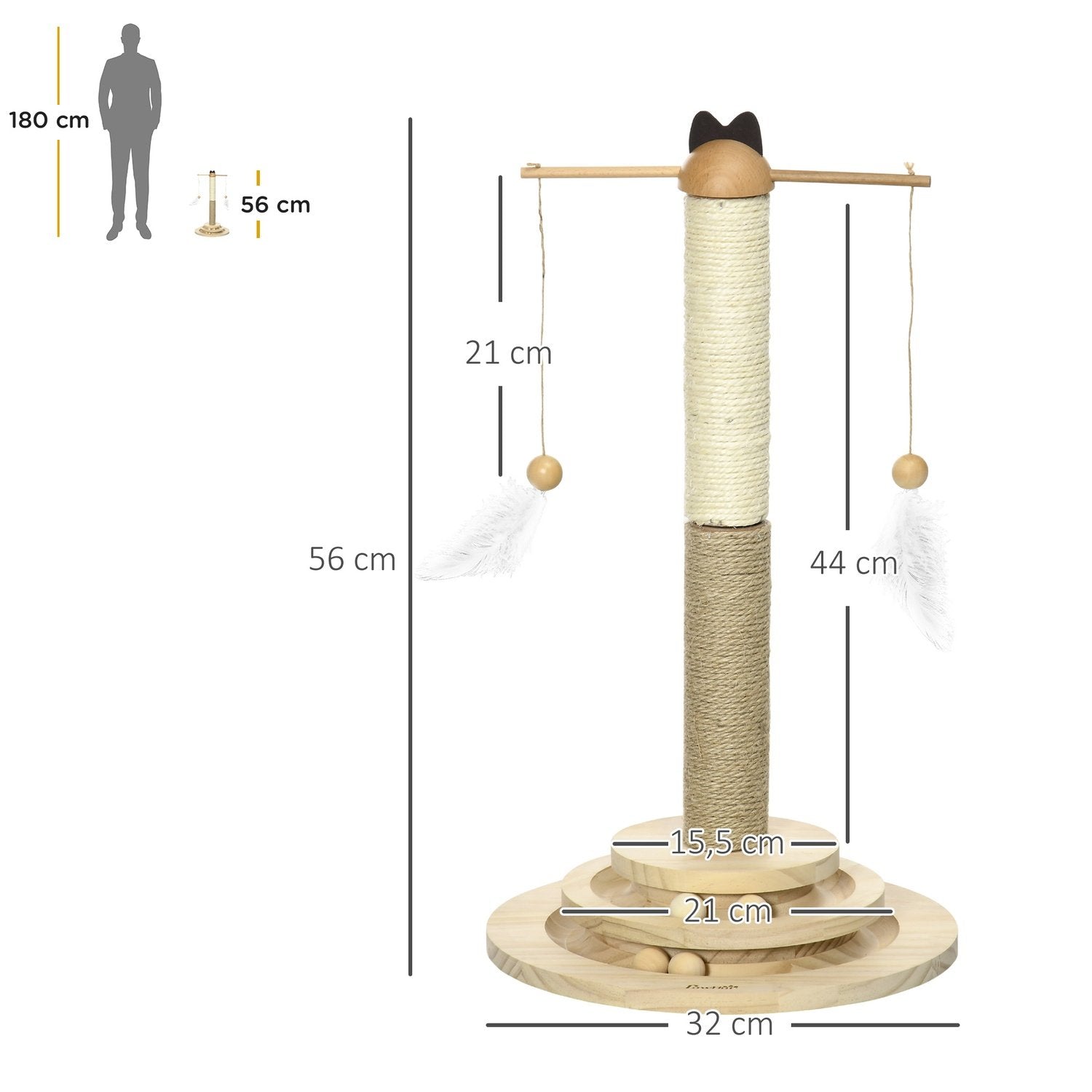 Skrapstolpe Klätterträd Med Skrapbräda & Bollleksak, Kattmöbler Av Naturligt Trä, 56 Cm