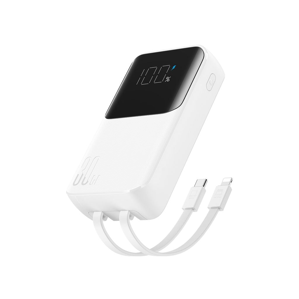 Joyroom 30W 10000mAh mini Power Bank med inbyggda kablar, USB-A & USB-C - Vit