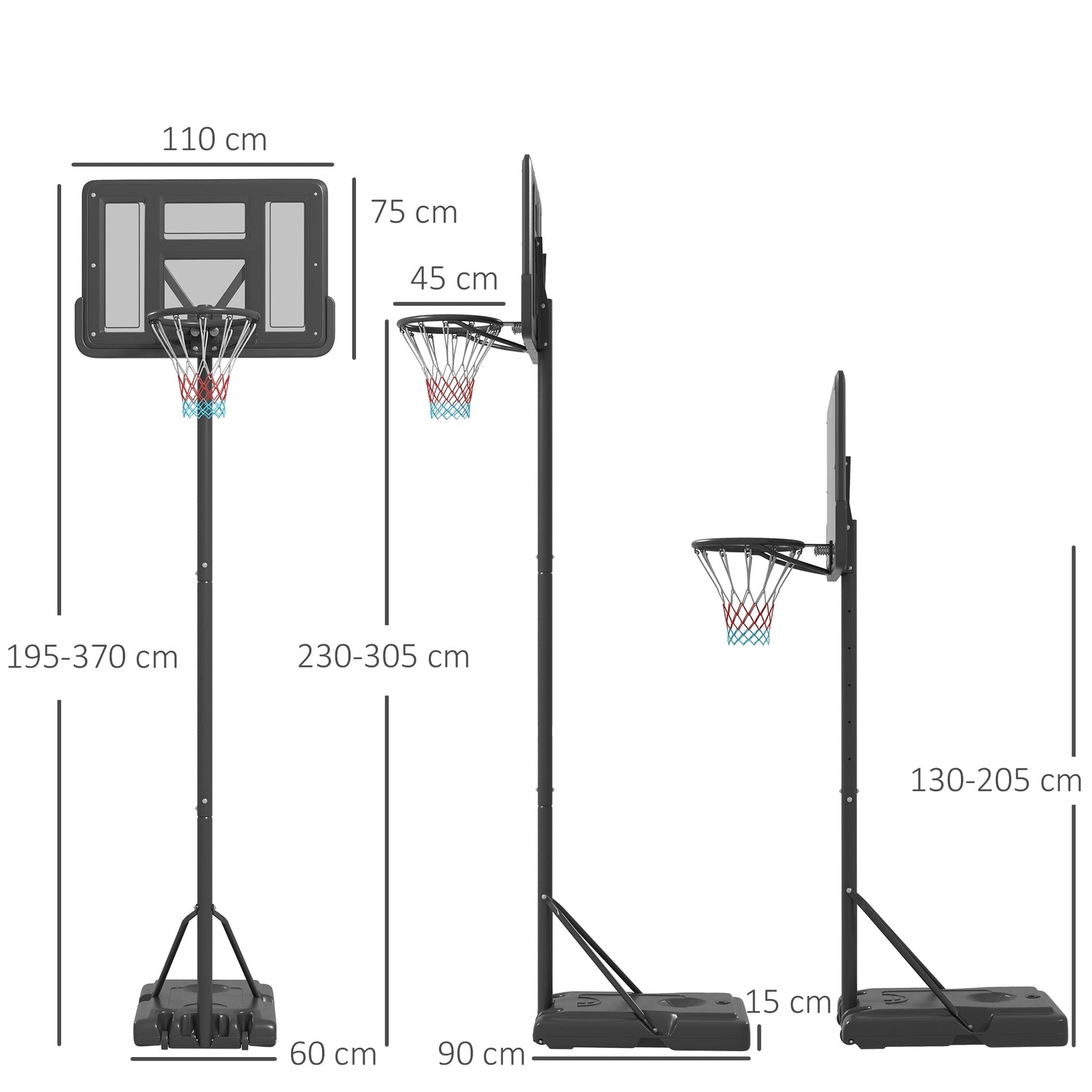 Justerbar 2-i-1 basketbåge med stålstativ, 195-370 cm