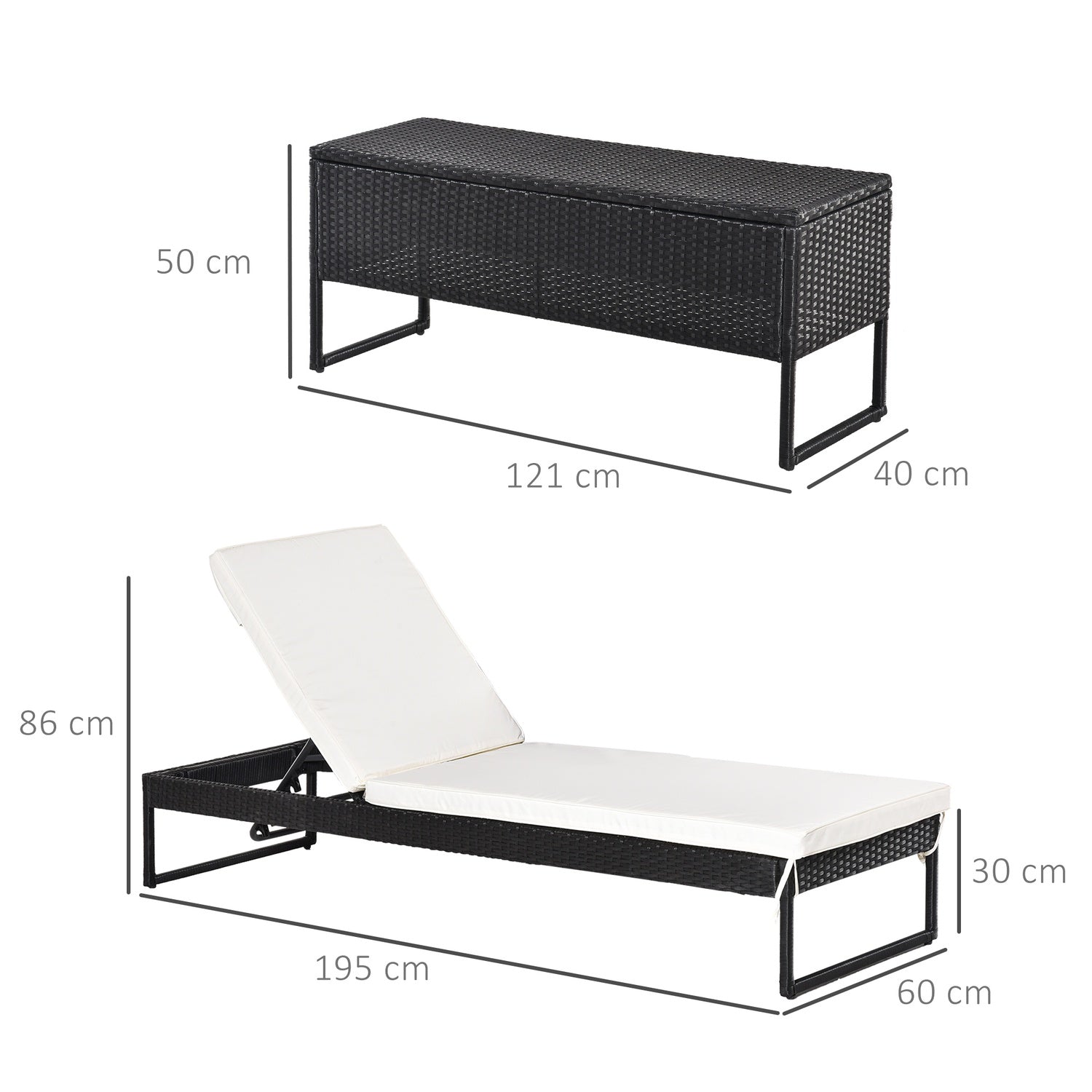 Justerbar 3-delad solstolsset med bord – rotting & metall