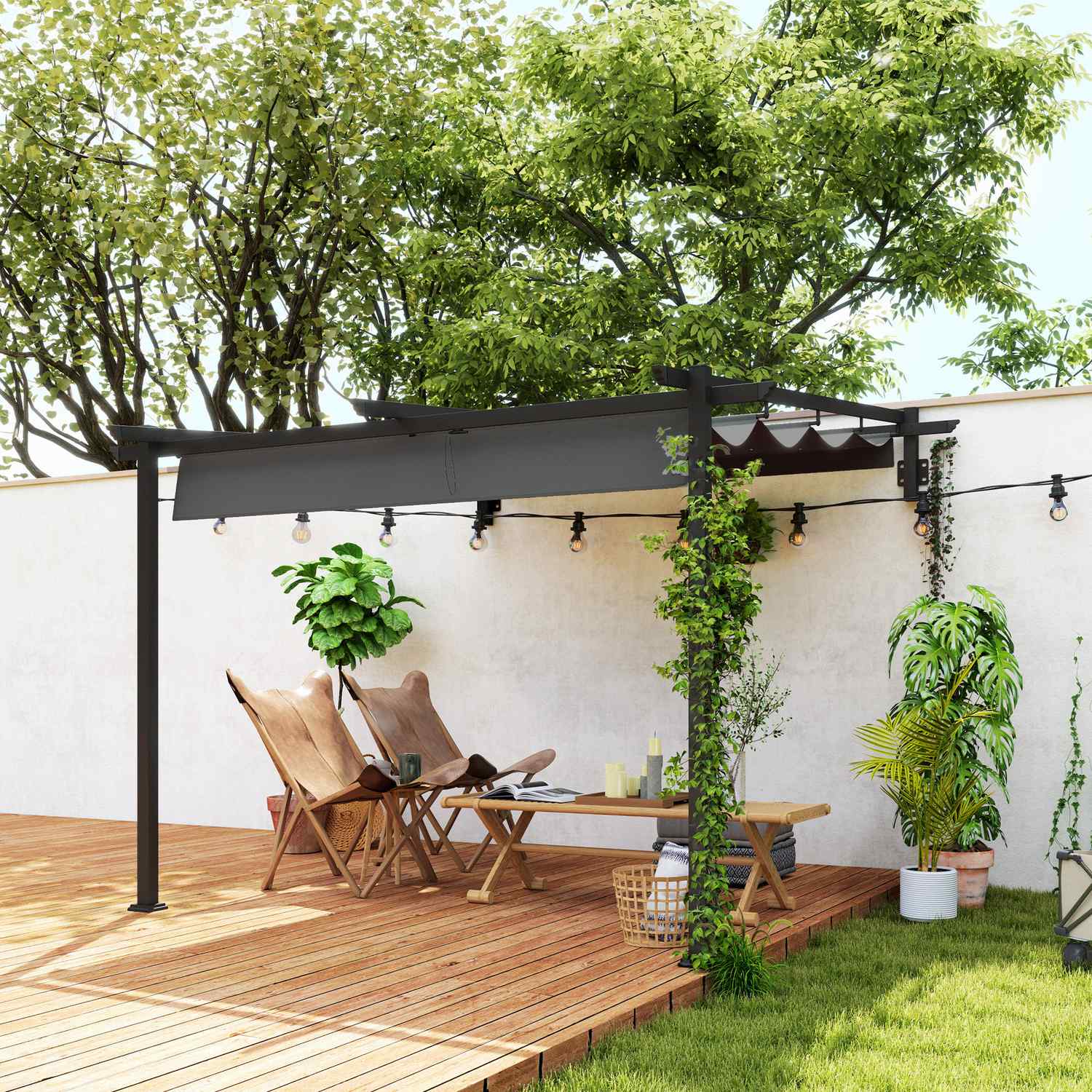 Justerbar aluminiumpergola, 3x3m, mörkgrå solskydd