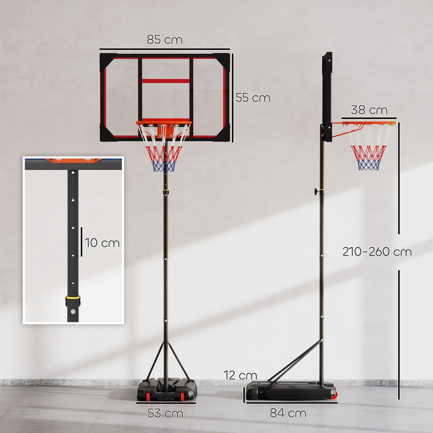 Justerbar basketbåge för barn, 210-260 cm, med hjul