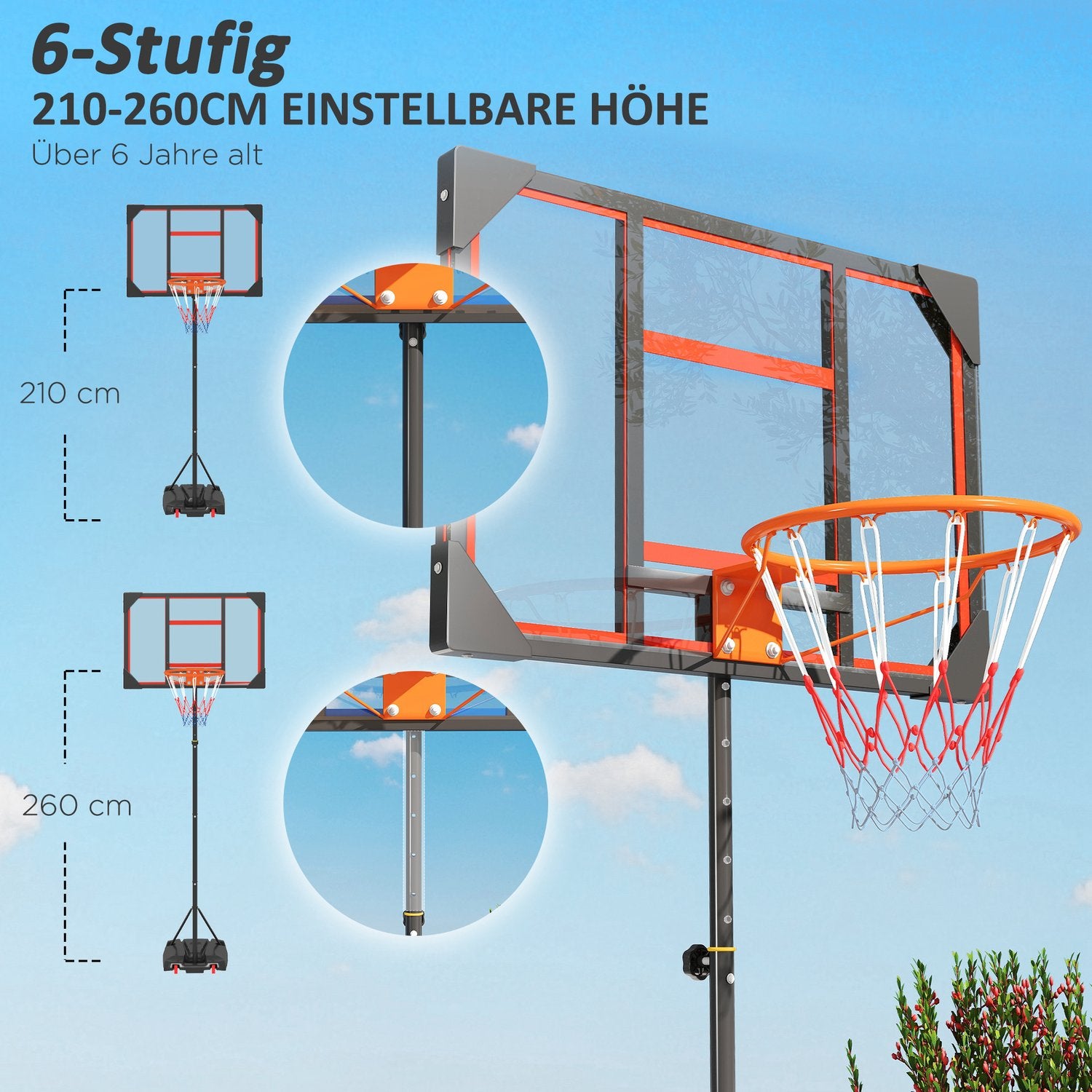Justerbar basketbåge för barn, 210-260 cm, med hjul