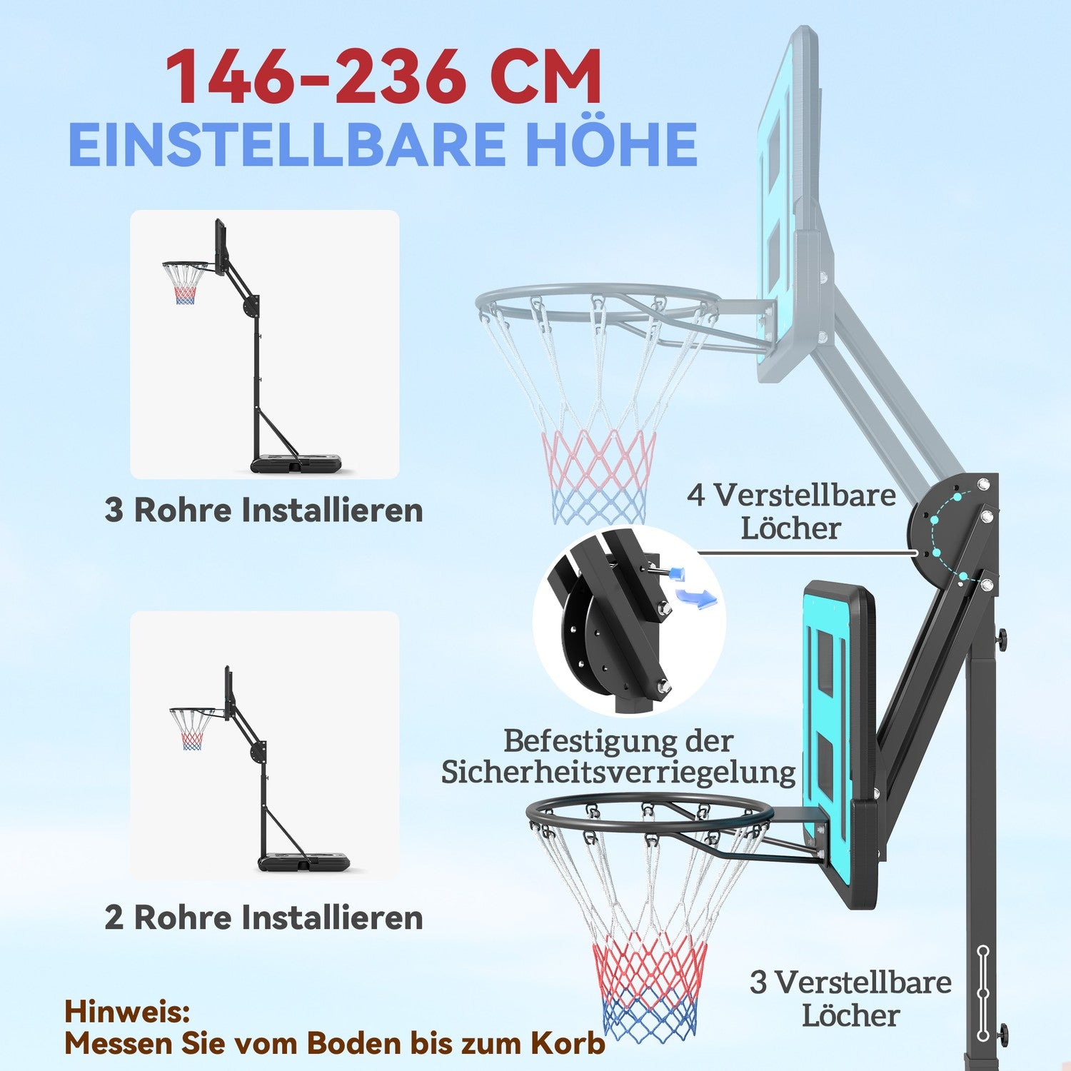 Justerbar basketbåge med stativ, 146-236 cm, bärbar