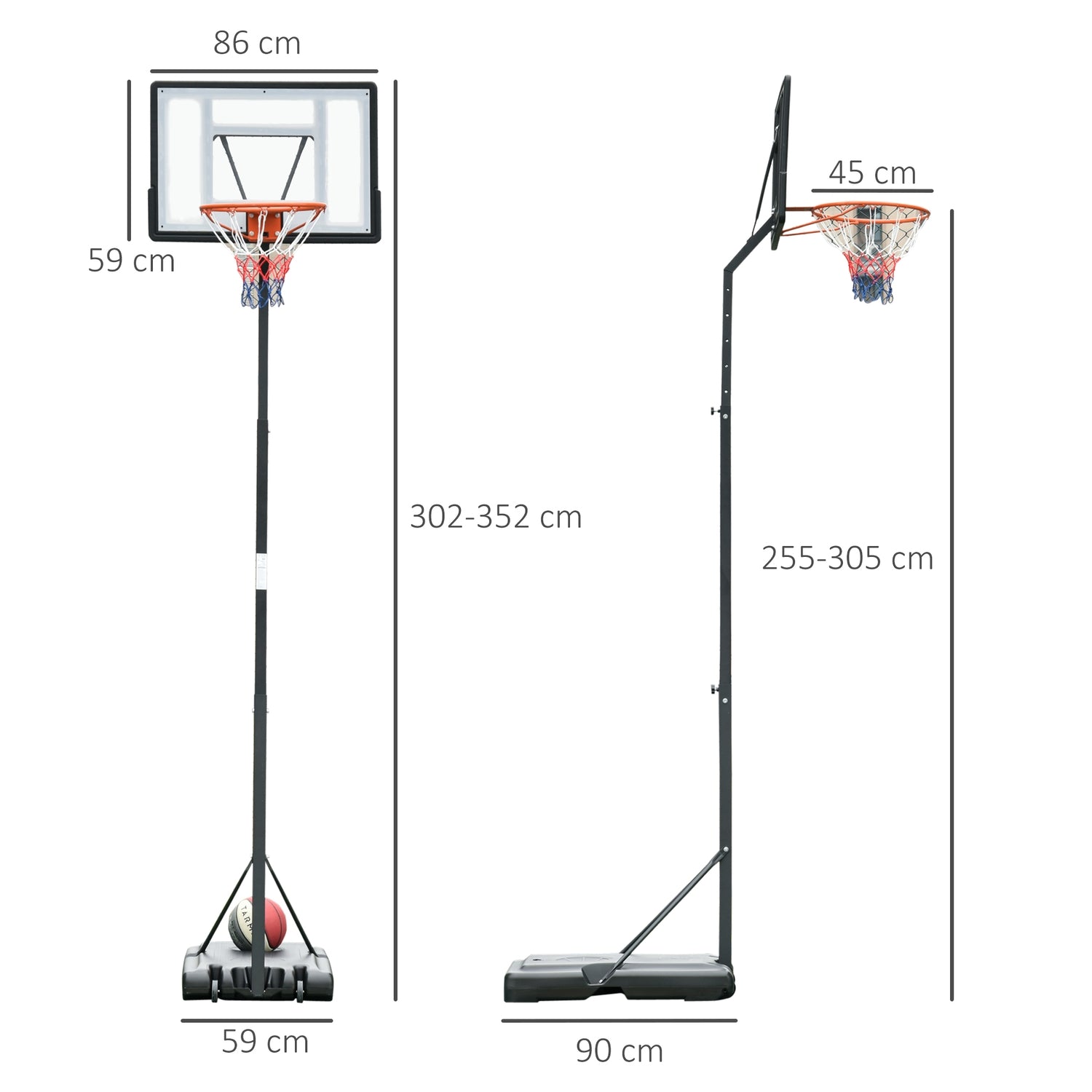 Justerbar basketbåge med stålstativ, 90–352 cm