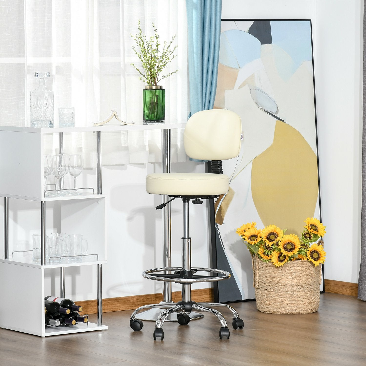 Justerbar beige PU pall med ryggstöd – 56x57x104-127cm