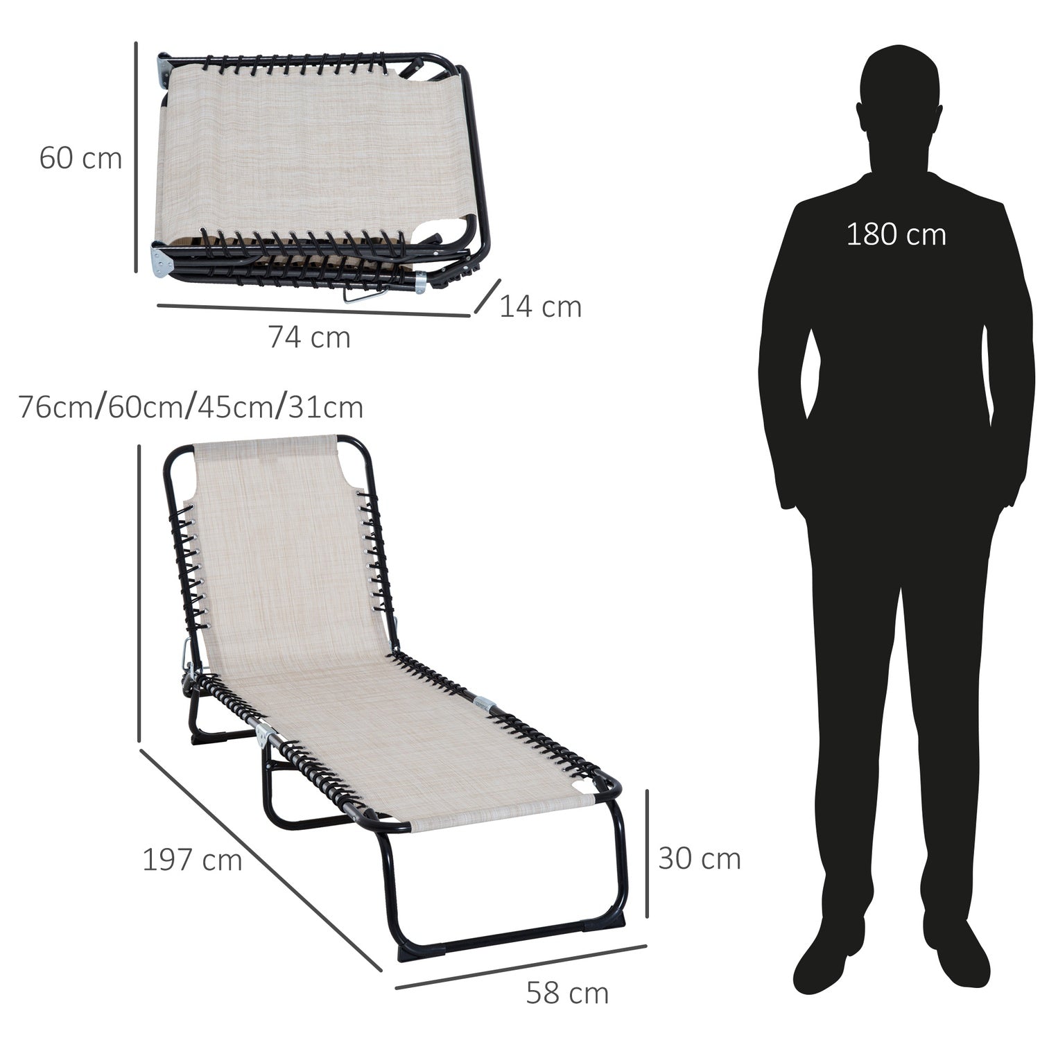 Justerbar beige solstol med 4-stegs ryggstöd