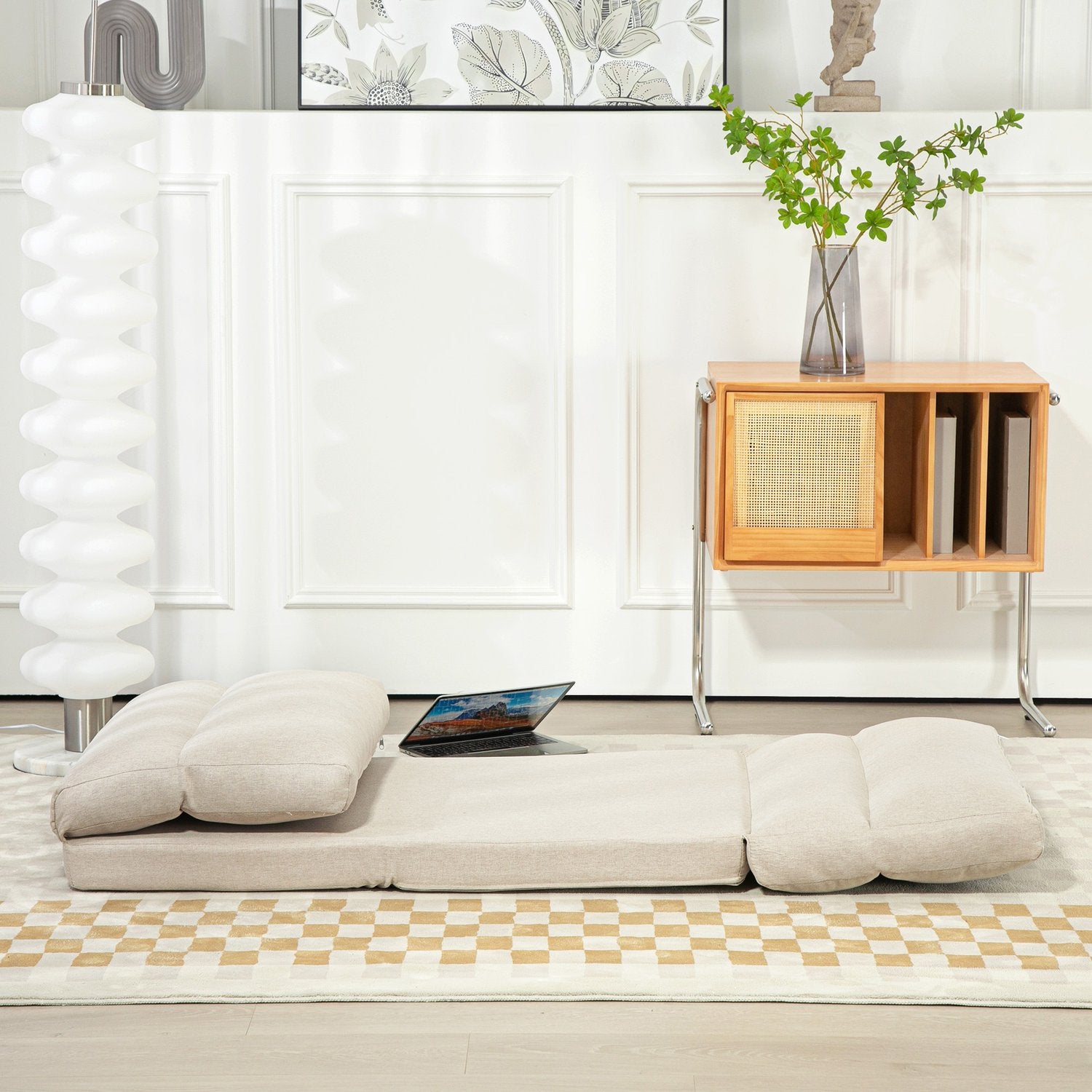 Justerbar fällbar golvstol, sängfunktion, linnelook, brun