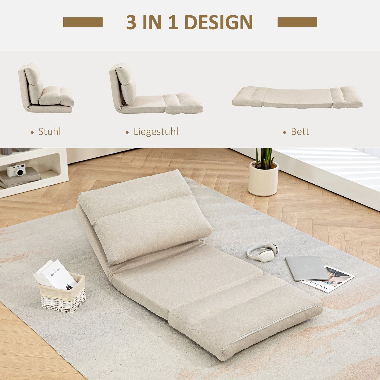 Justerbar fällbar golvstol, sängfunktion, linnelook, brun