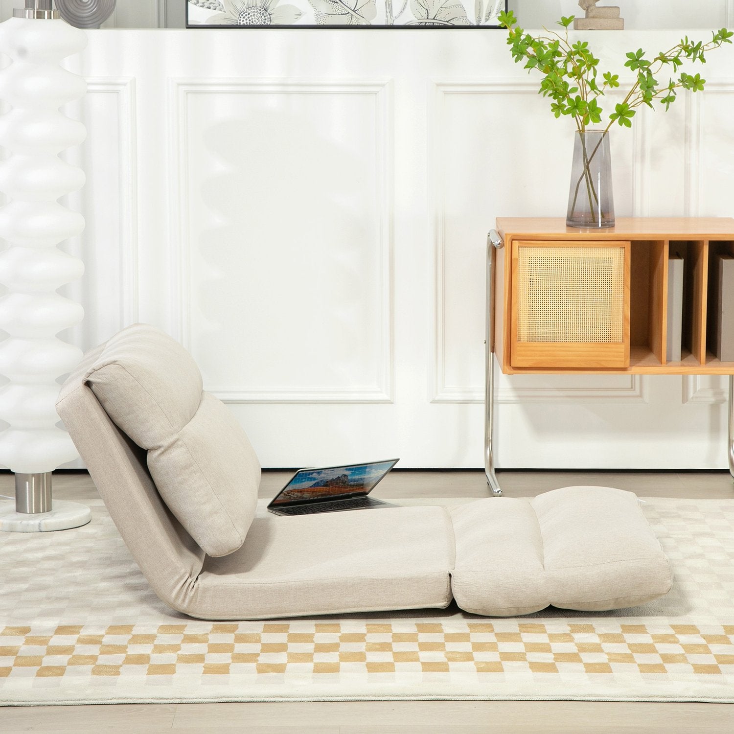 Justerbar fällbar golvstol, sängfunktion, linnelook, brun