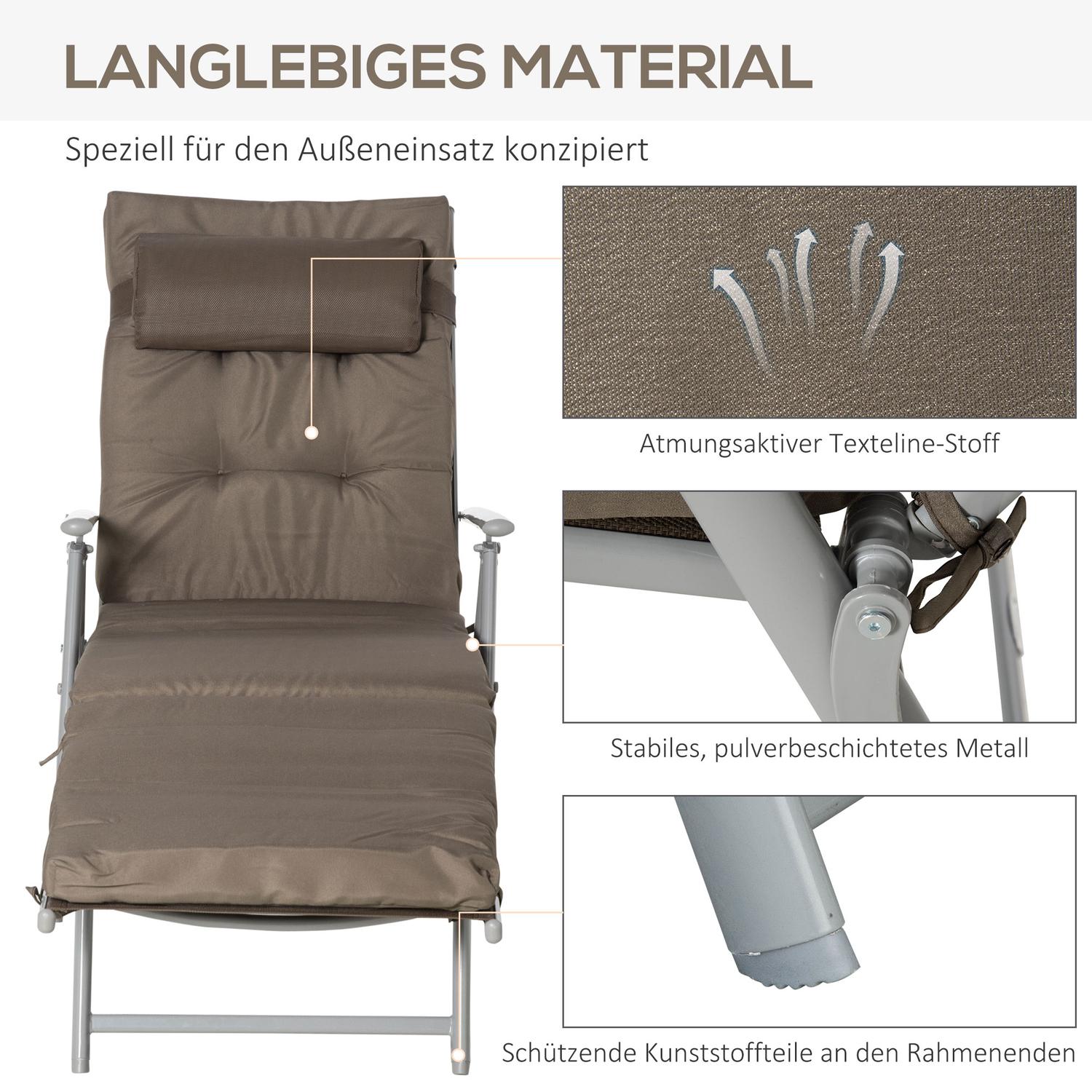 Justerbar hopfällbar solstol med kudde, brun/silver