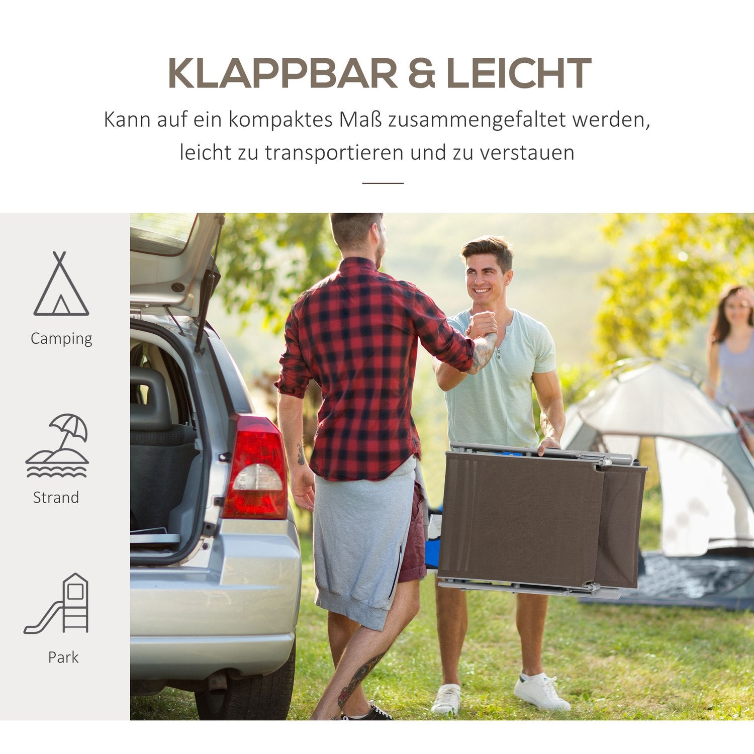 Justerbar hopfällbar solstol med kudde, brun/silver