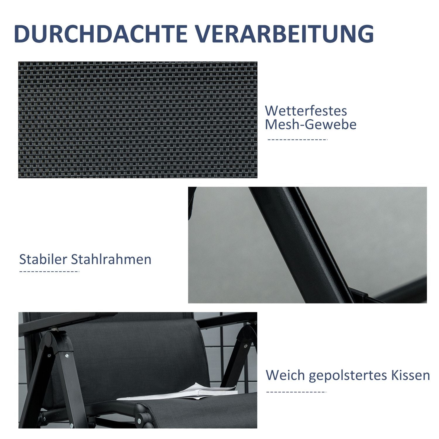 Justerbar liggande trädgårdsstol, svart textilen, stål 70x65x111 cm