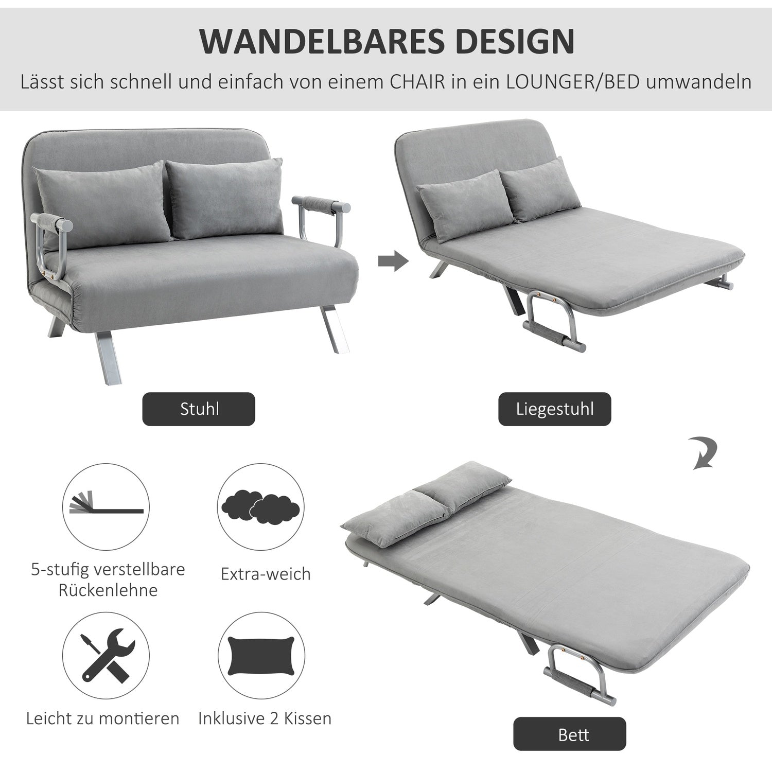 Justerbar ljusgrå tvåsits bäddsoffa med kuddar