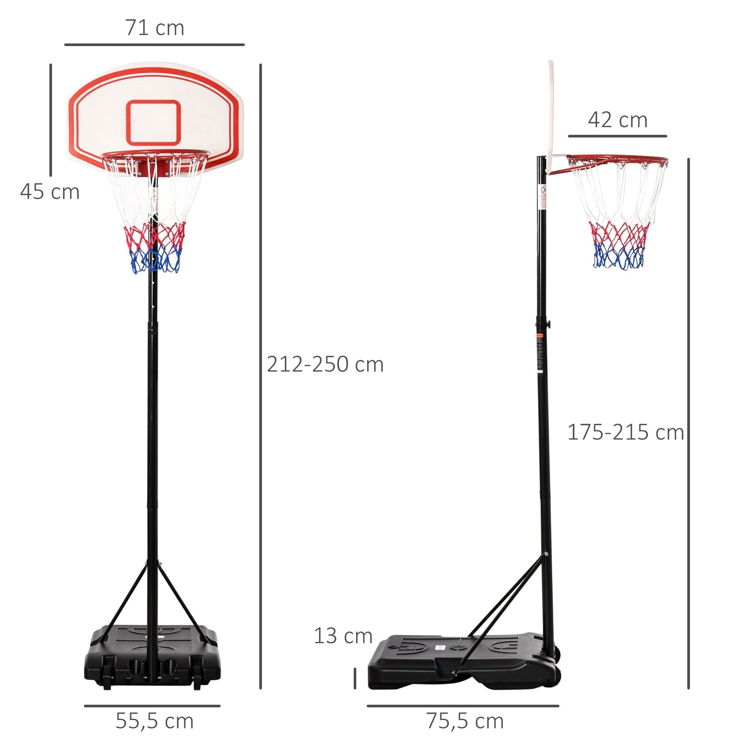 Justerbar portabel utomhusbasketbåge, 212-250 cm