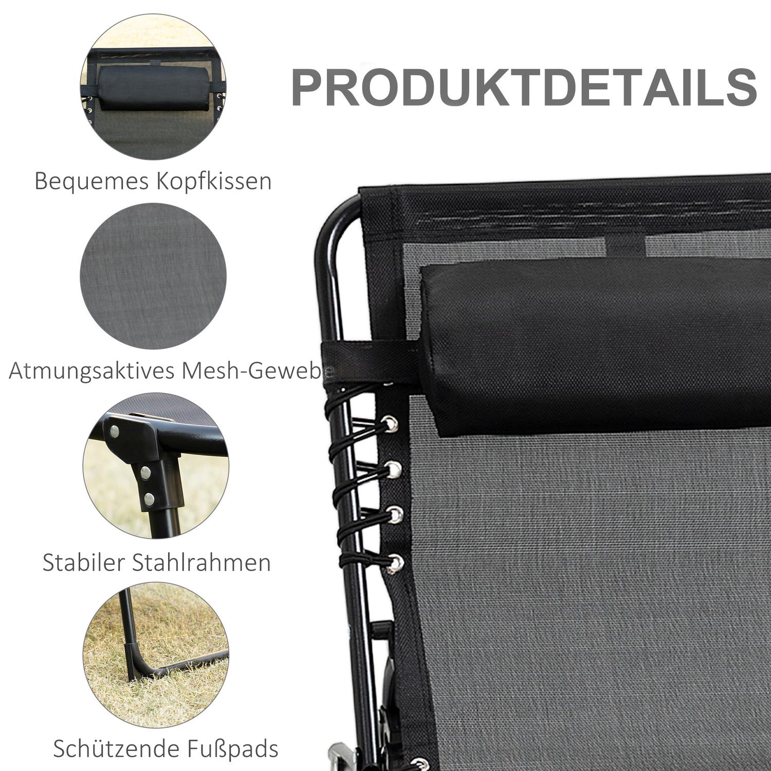 Justerbar schäslong – hopfällbar solstol, svart