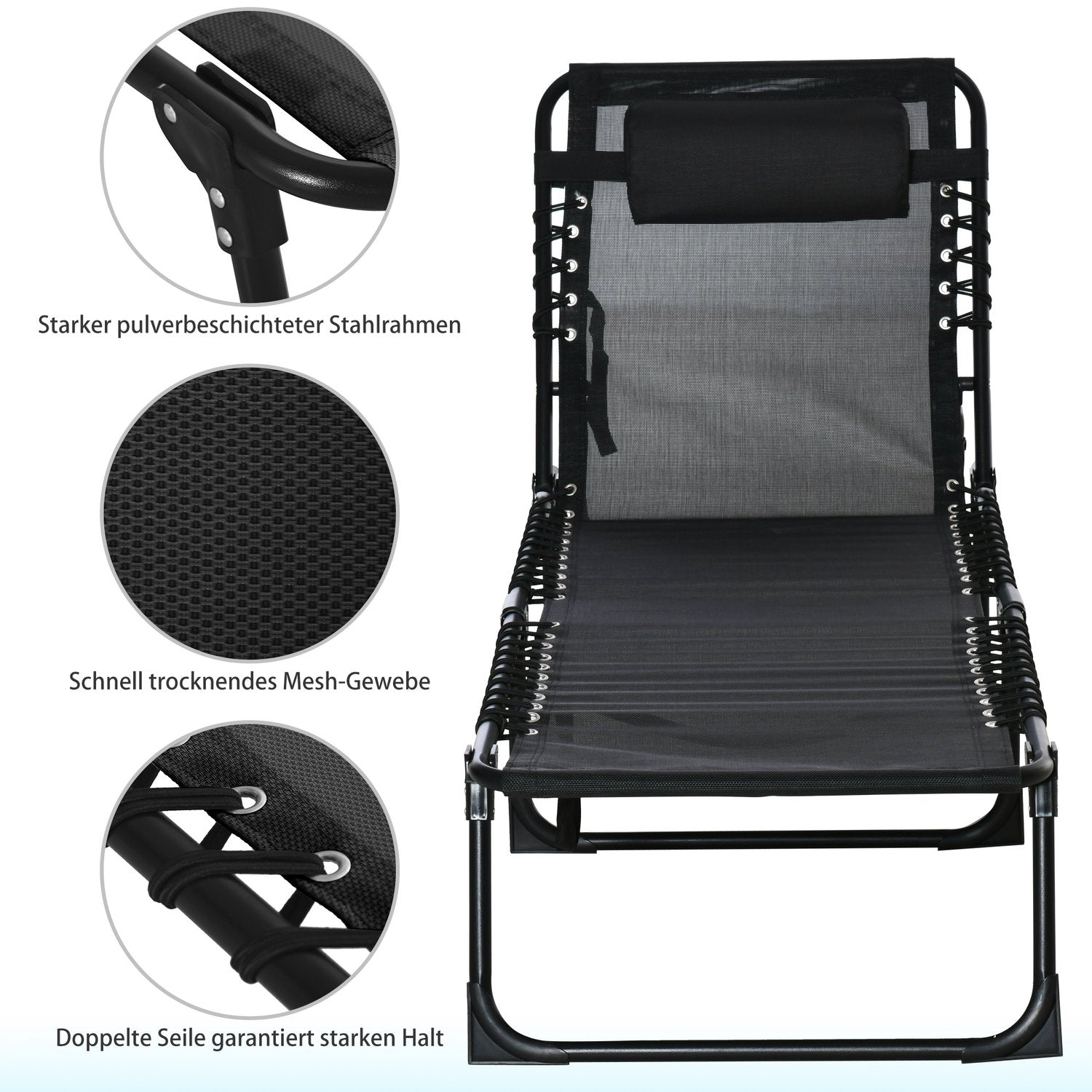 Justerbar solstol, hopfällbar stålram – svart