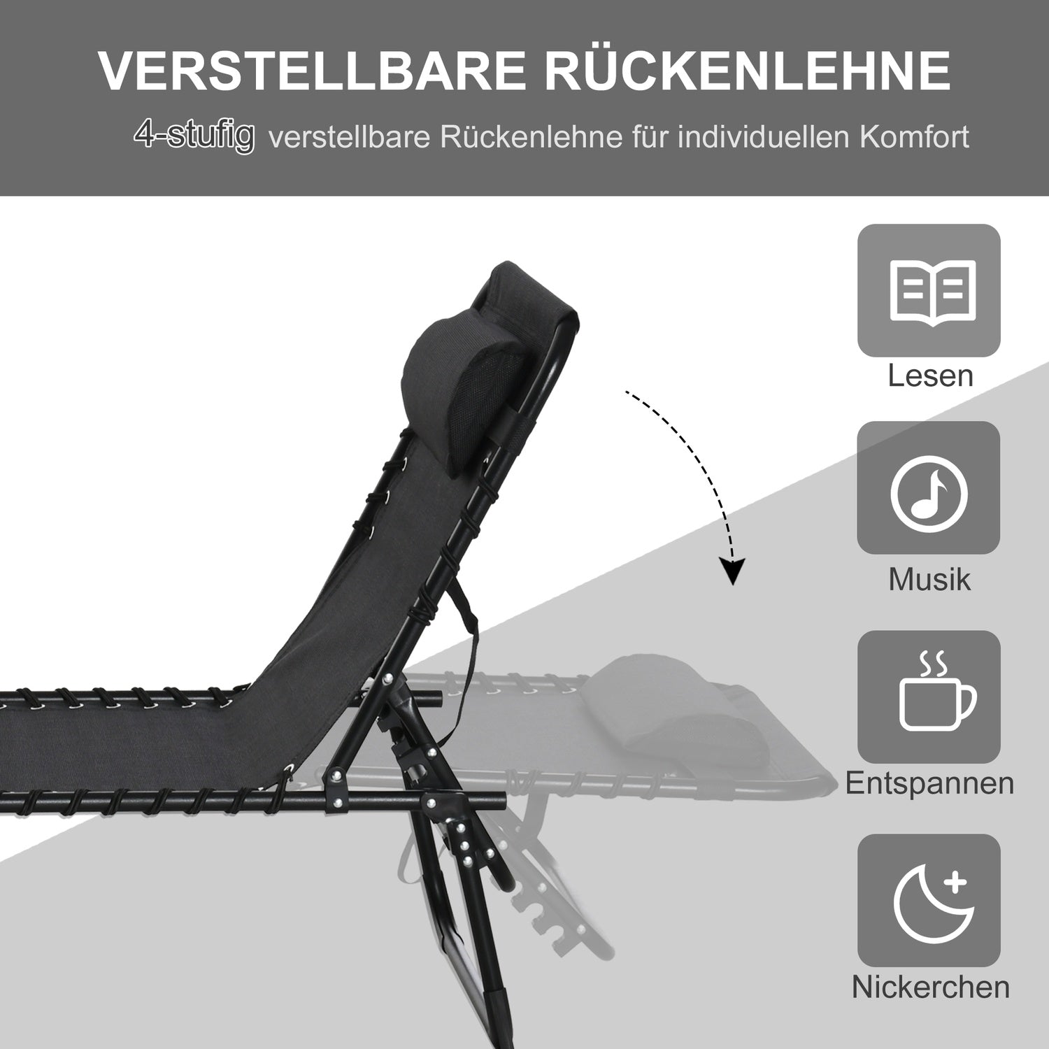 Justerbar solstol, hopfällbar stålram – svart