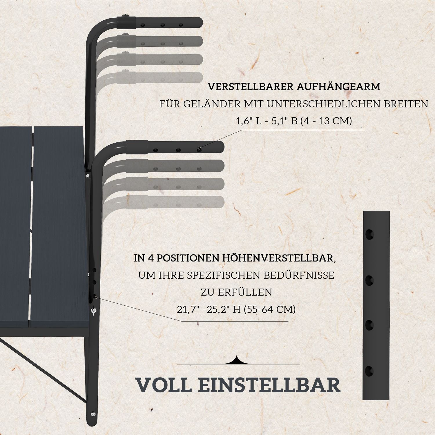 Justerbart balkongbord i aluminium, hopfällbart, 25 Kg Kapacitet