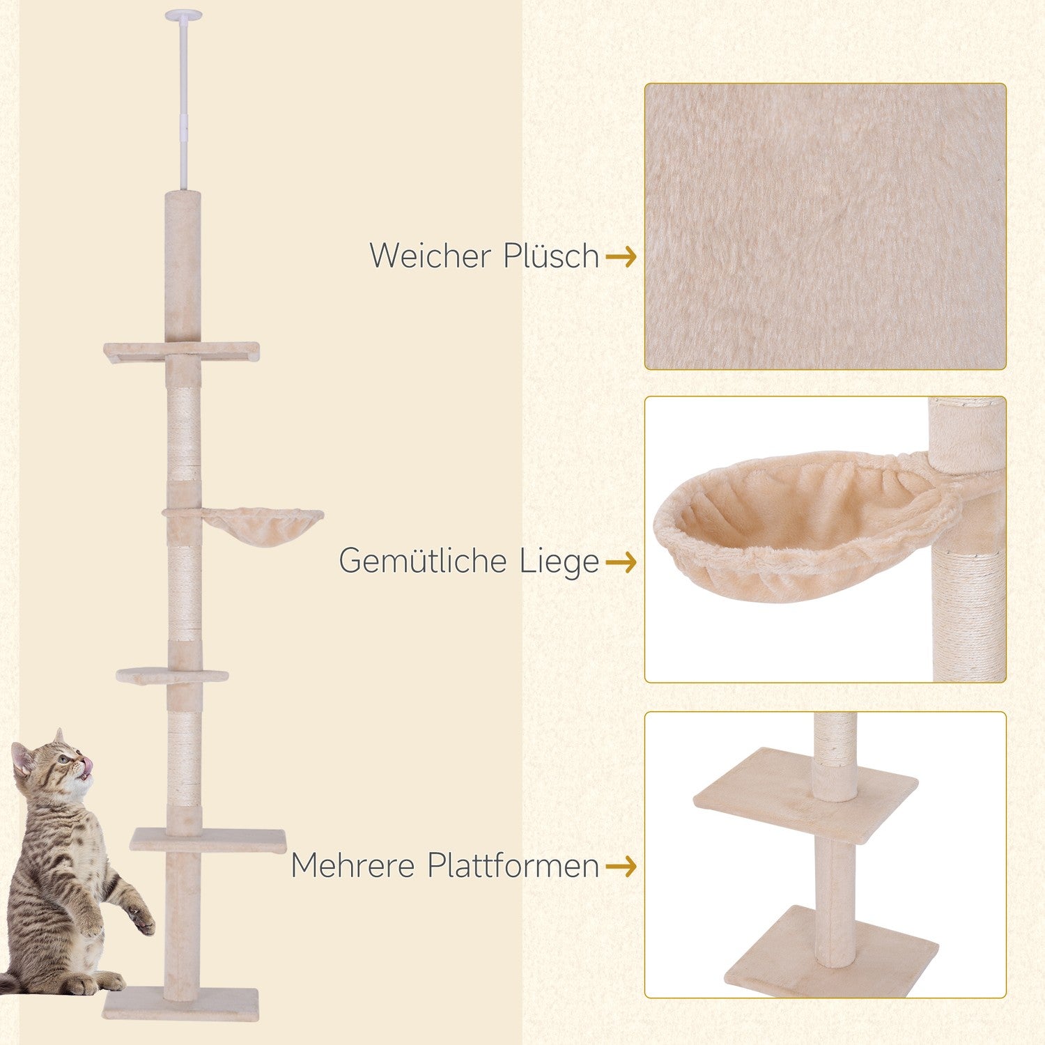 Justerbart beige katttorn med sisal för klättring, 230-260cm