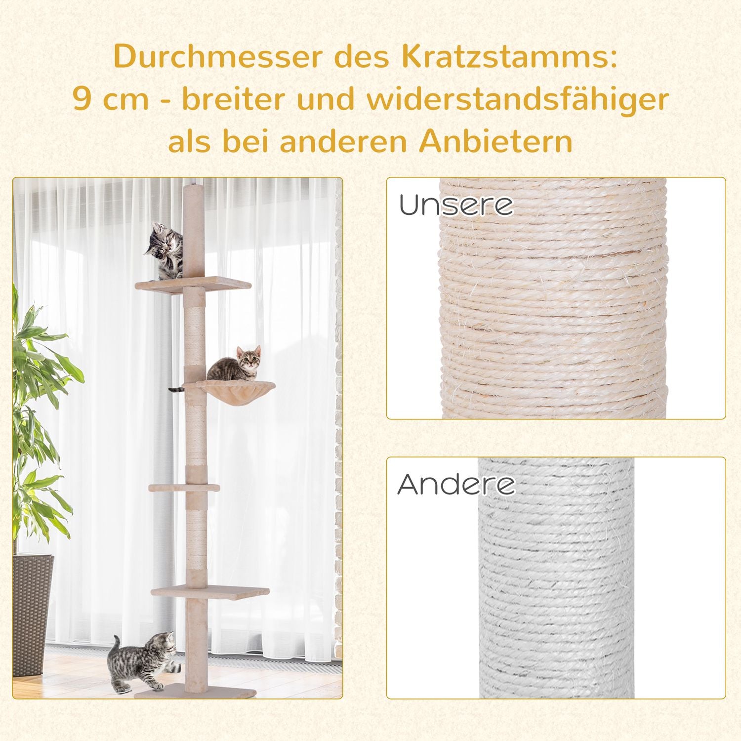 Justerbart beige katttorn med sisal för klättring, 230-260cm