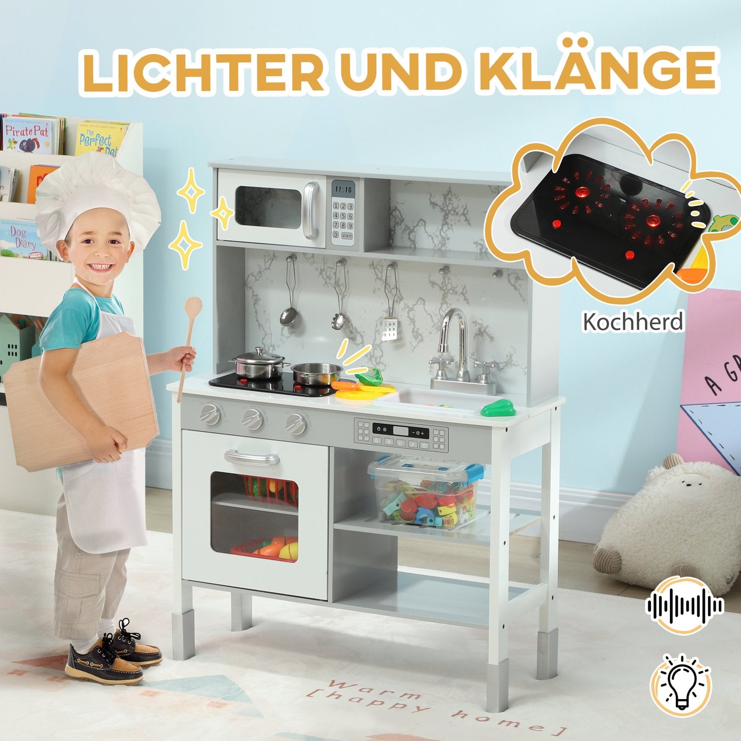 Justerbart lekkök för barn med spis och tillbehör