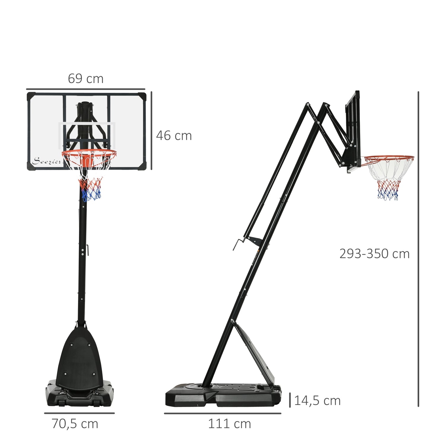 Justerbart stålbasketställ, 293-350 cm, med hjul