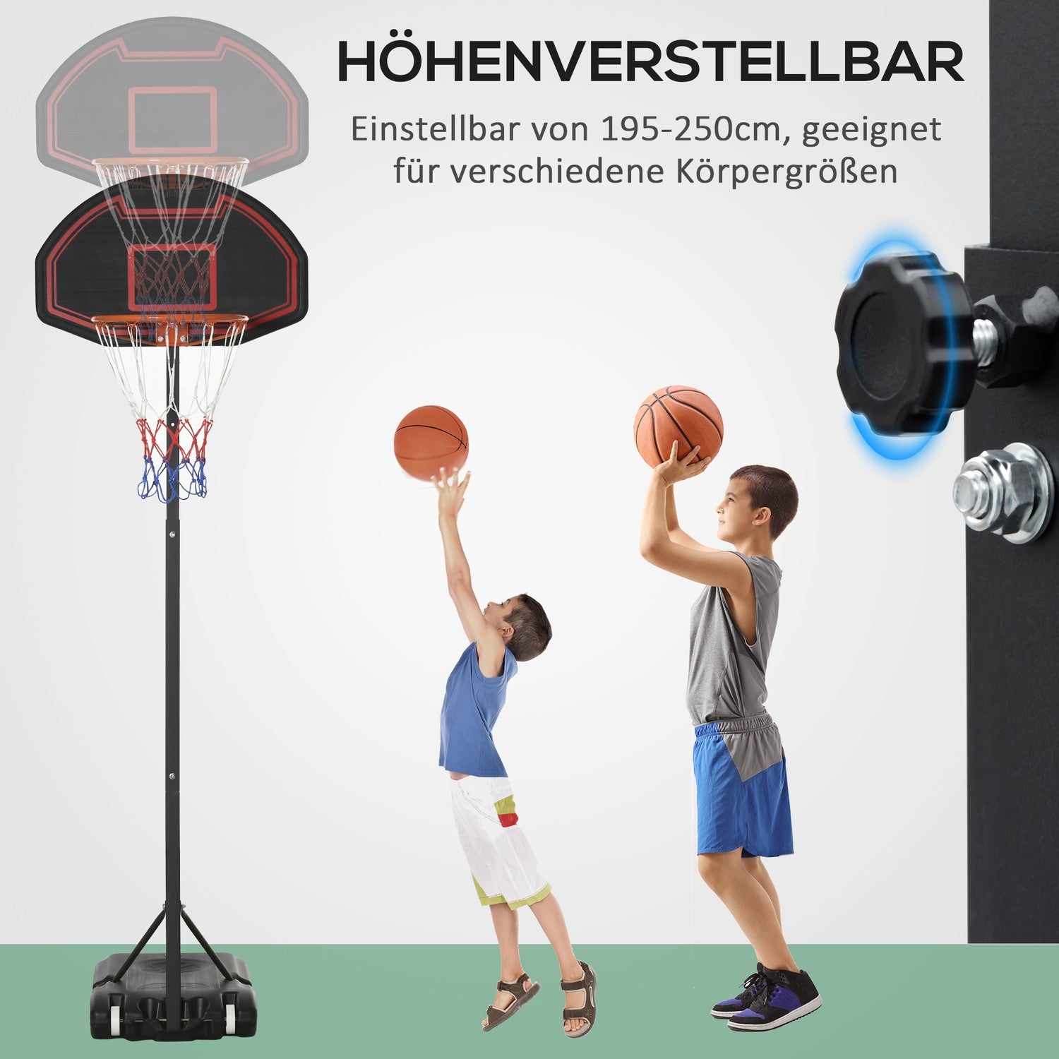 Justerbar utomhusbasketbåge med hjul, 195-250 Cm