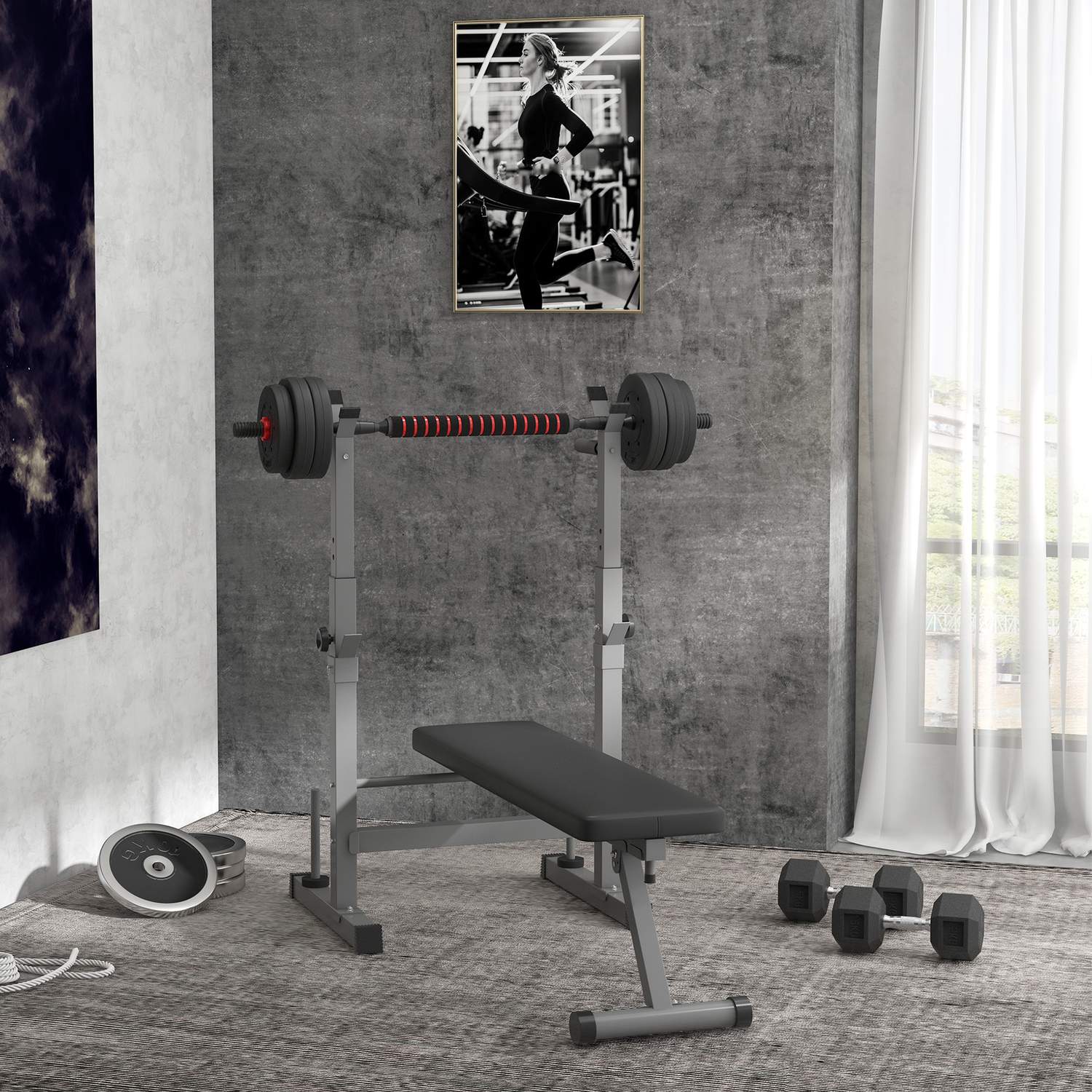 Justerbar viktbänk i stål med hantelställ – svart/grå