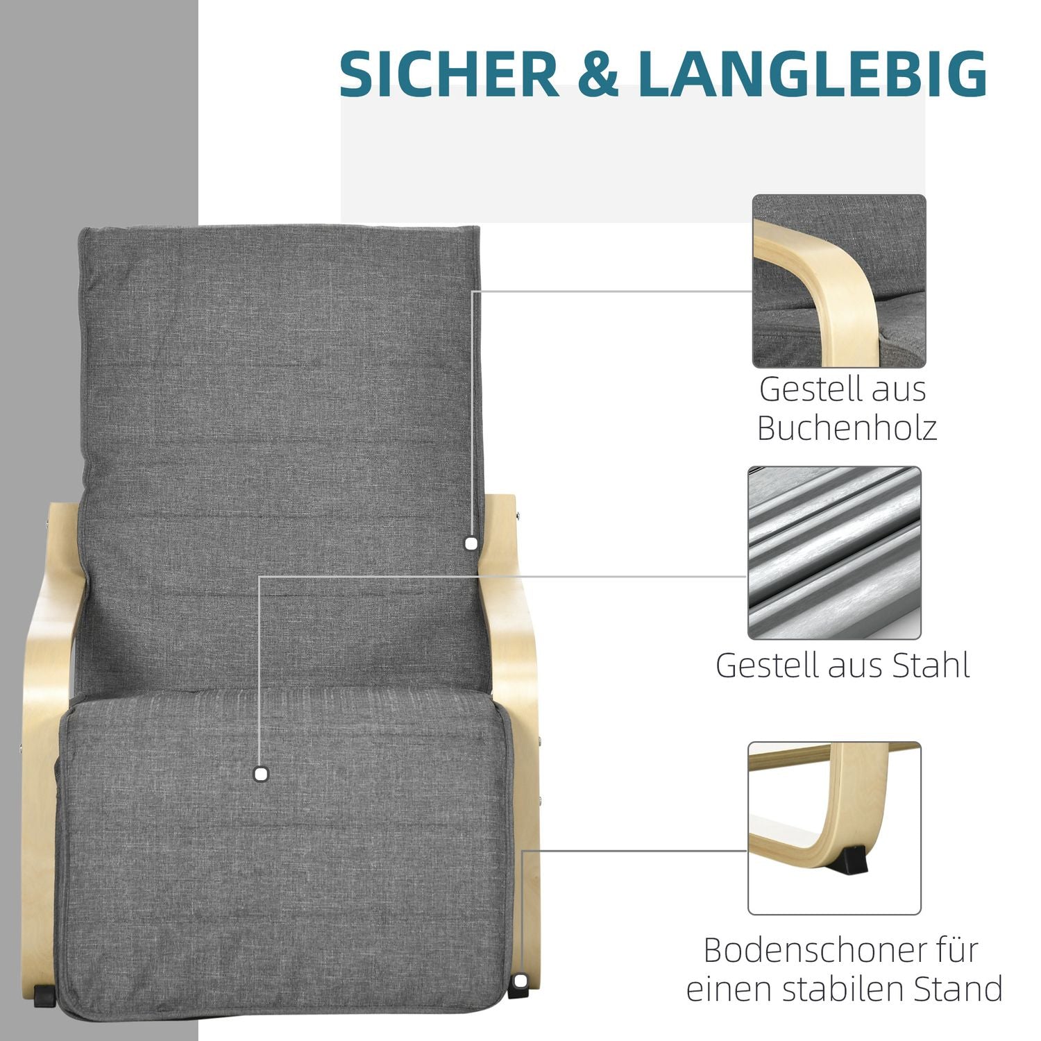 Justerbar vilstol, björkträ, grå linnelook