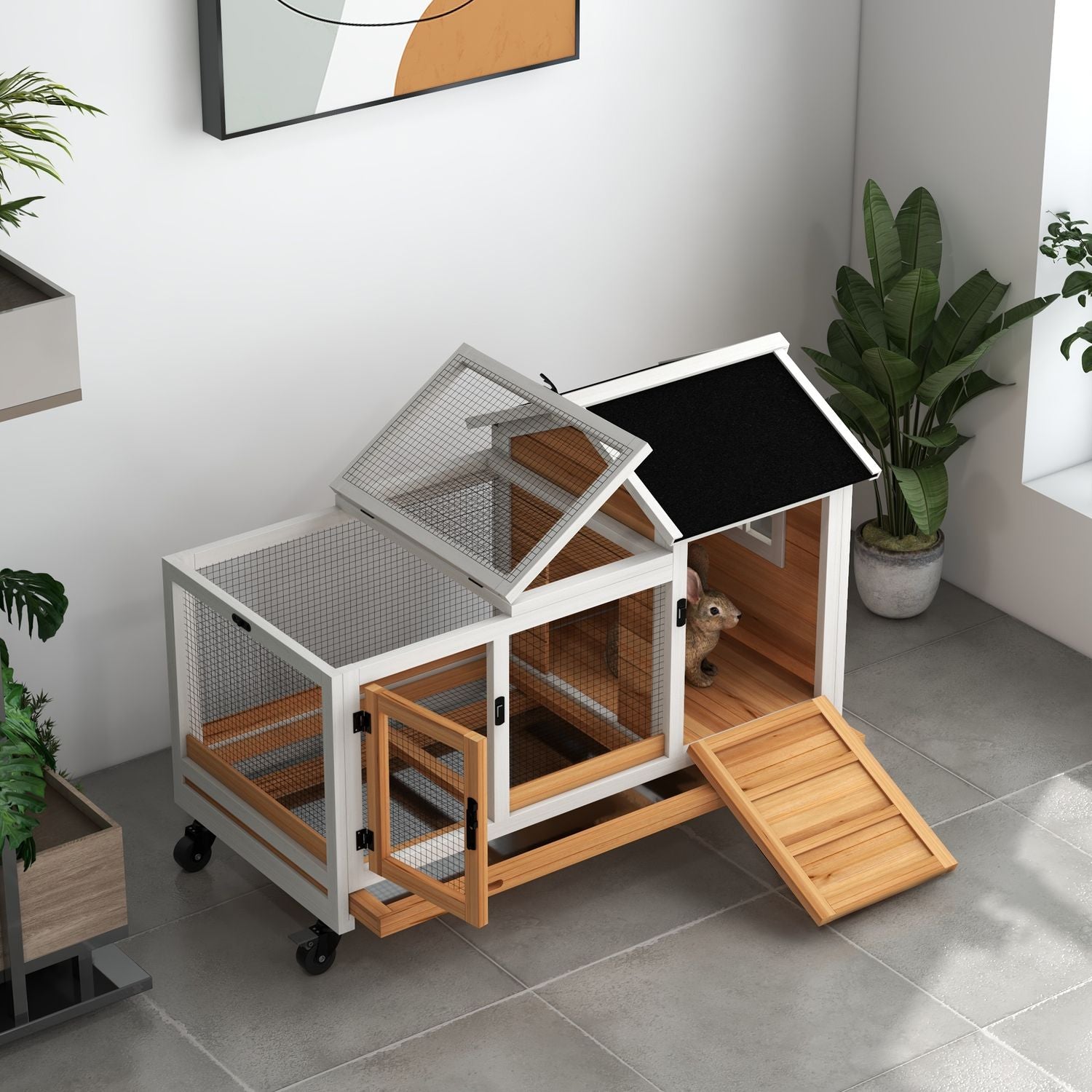 Kaninbur i trä, bur för små djur med hjul och bricka
