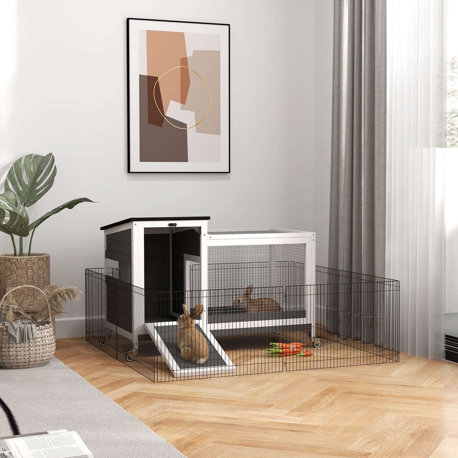 Kaninbur i trä med hjul och utomhuslöpning, vintertät