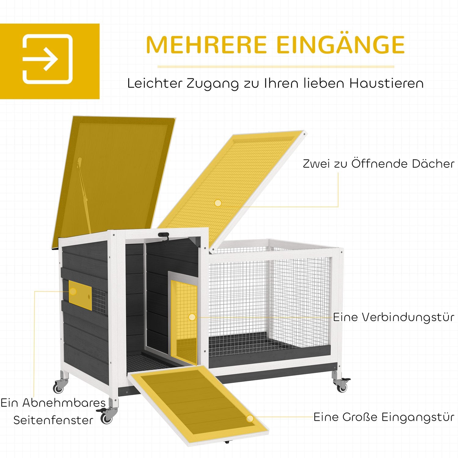 Kaninbur i trä med hjul och utomhuslöpning, vintertät