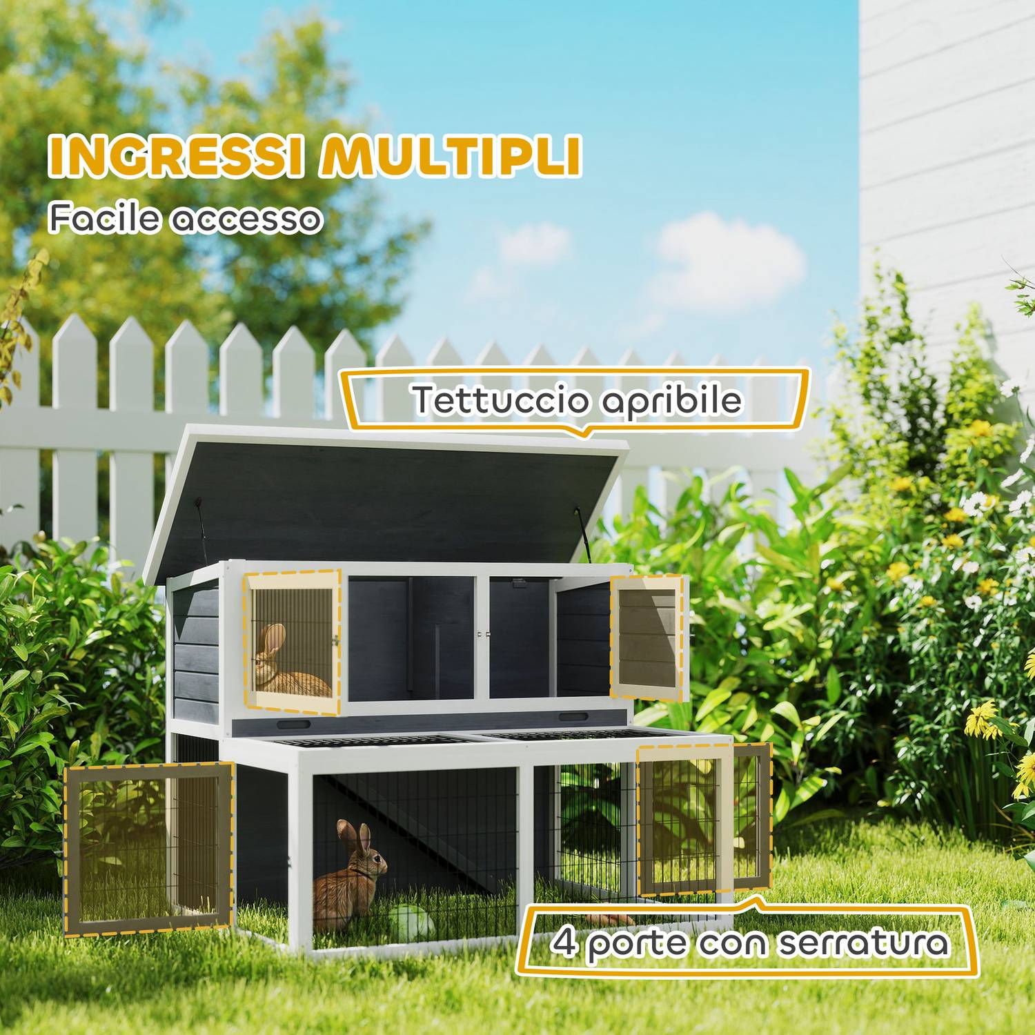 Kaninhydda i två våningar med utomhushölje