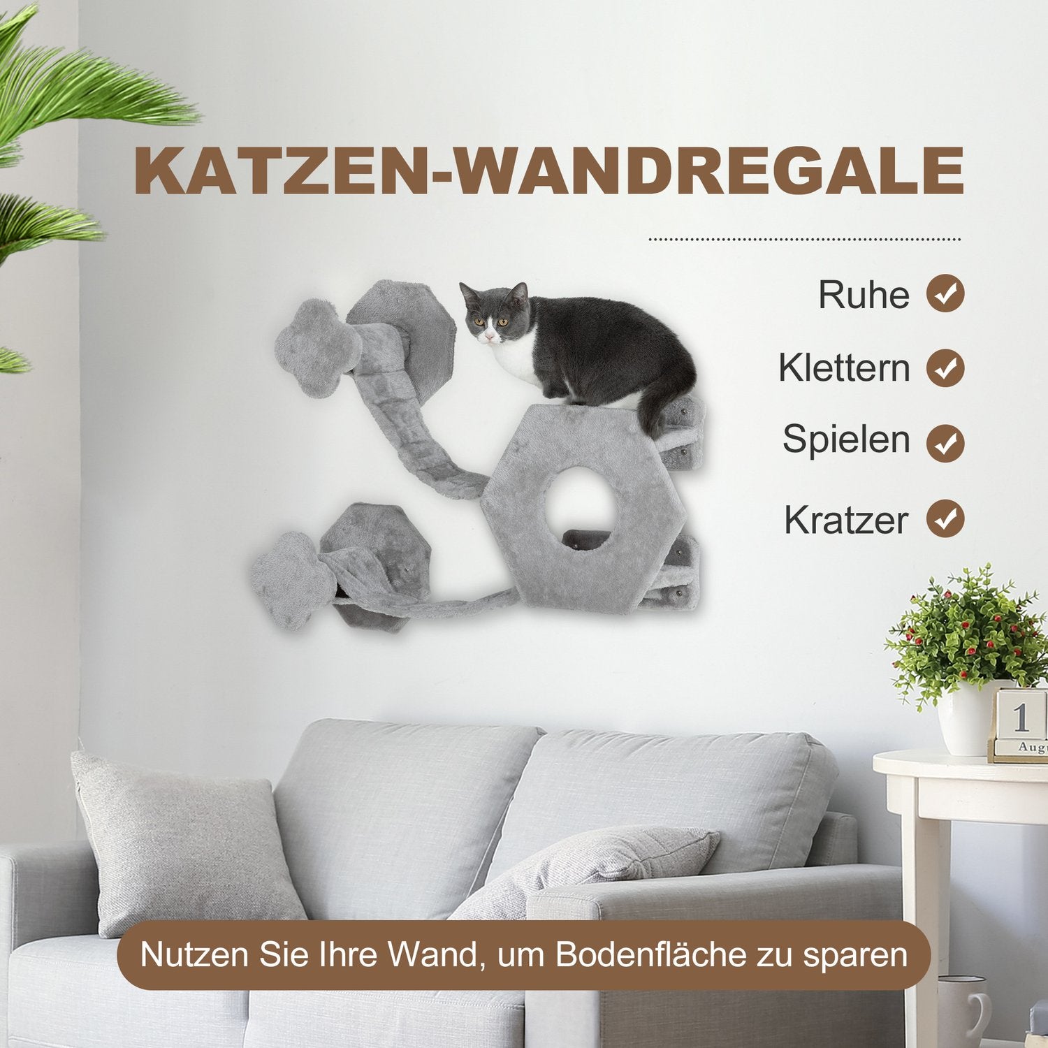 Kattklättervägg med trappsteg, grotta, leksak och solstol