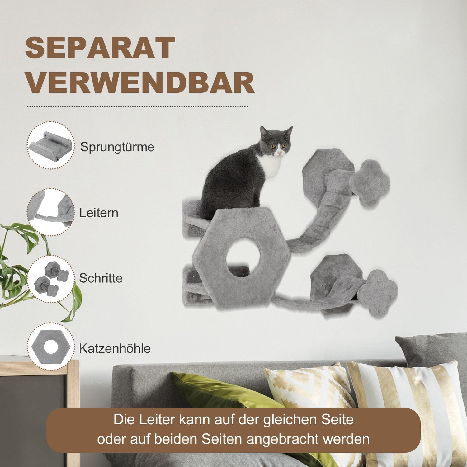 Kattklättervägg med trappsteg, grotta, leksak och solstol