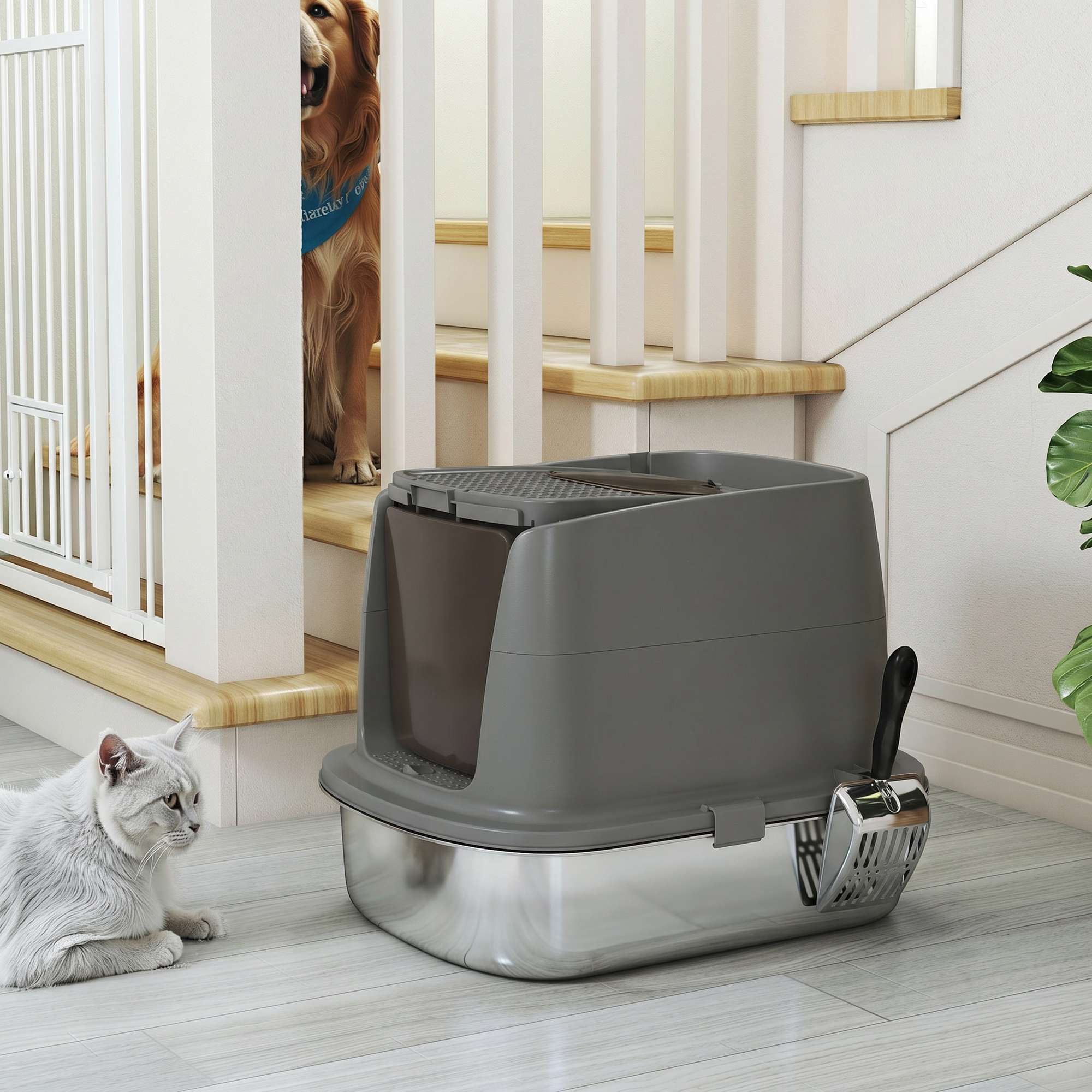 Kattlåda med lock i rostfritt stål, skopa, mörkgrå
