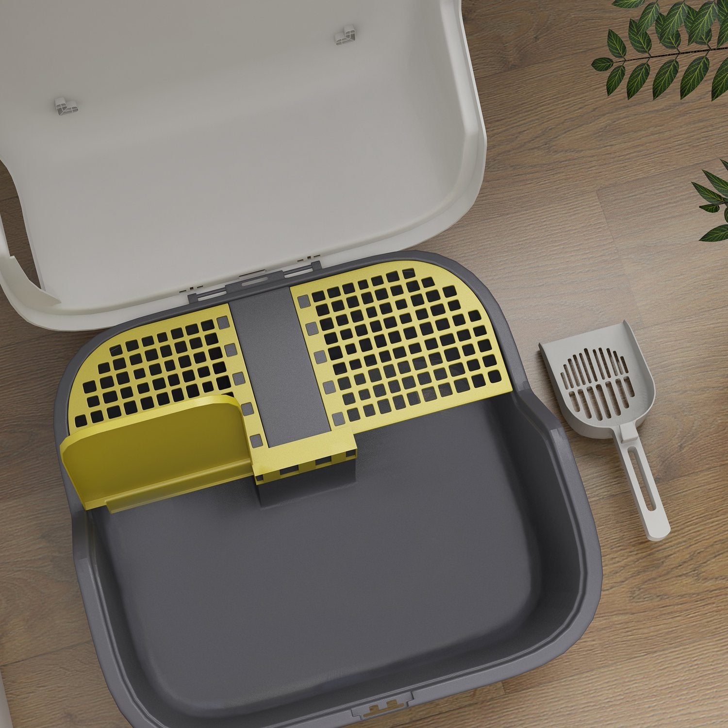 Kattlåda med lock & sil, inomhus, plast, kräm