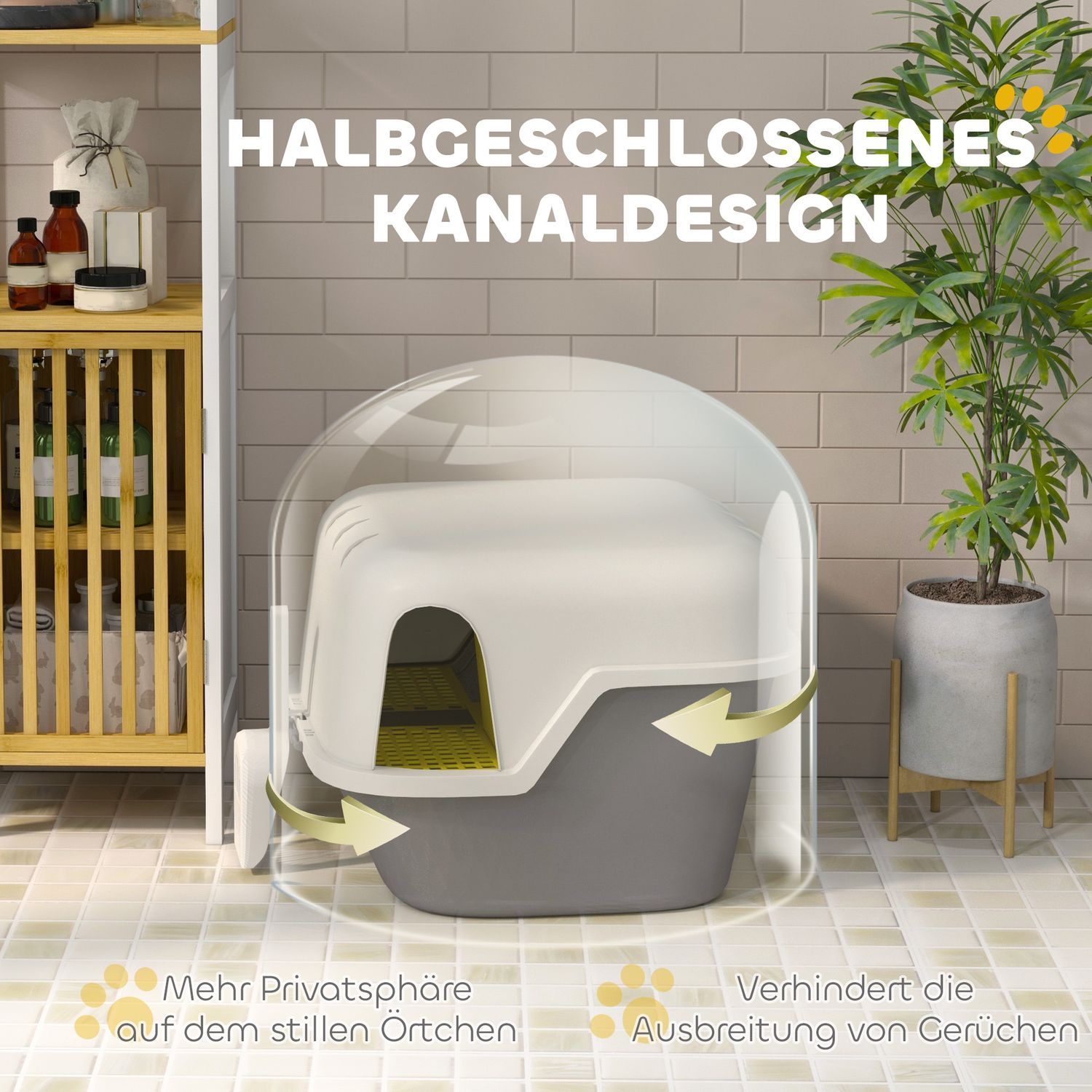 Kattlåda med lock & sil, inomhus, plast, kräm