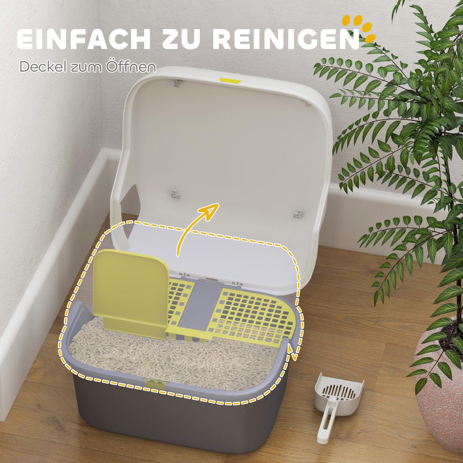 Kattlåda med lock & sil, inomhus, plast, kräm