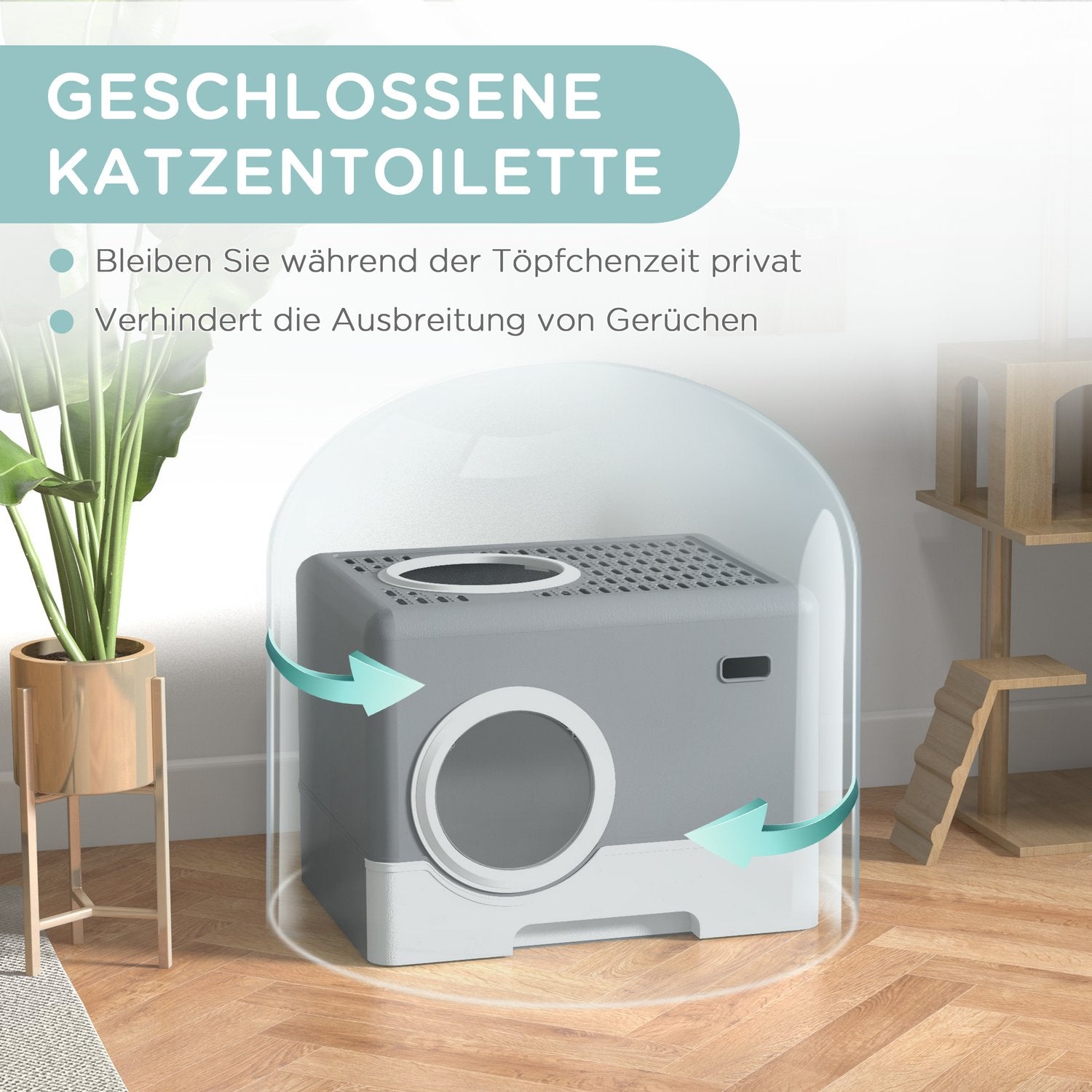 Kattlåda med lock & skopa, dubbla utgångar, grå 52x41x38,5 cm