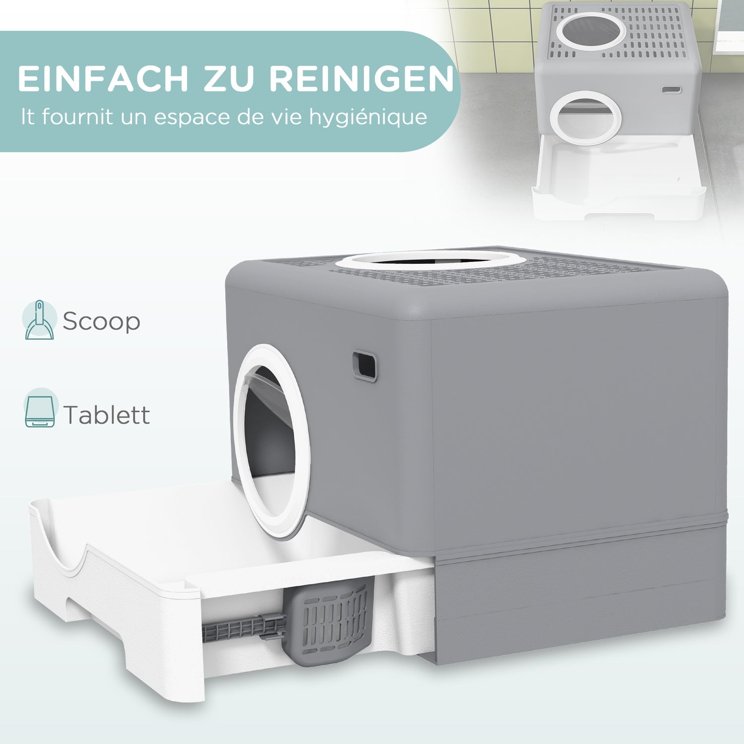 Kattlåda med lock & skopa, dubbla utgångar, grå 52x41x38,5 cm