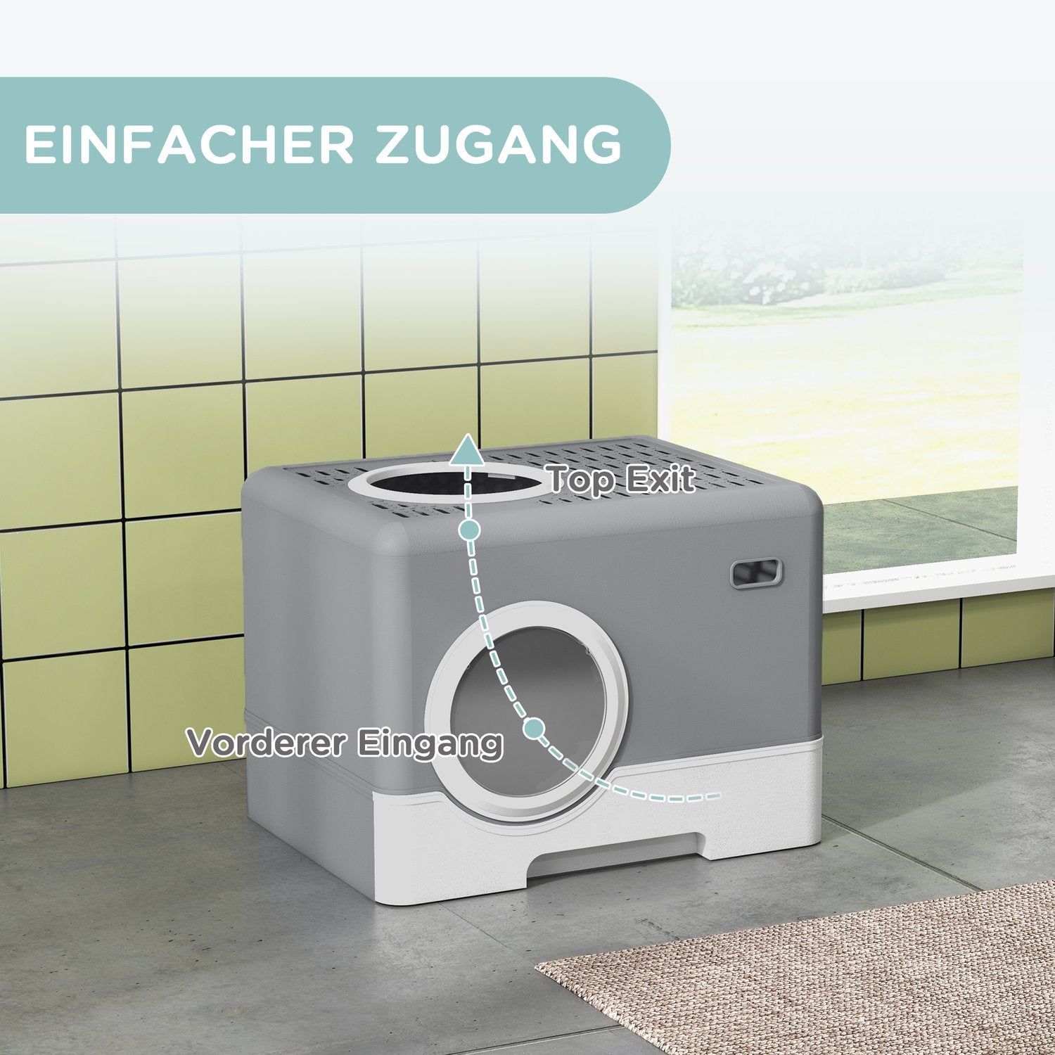 Kattlåda med lock & skopa, dubbla utgångar, grå 52x41x38,5 cm