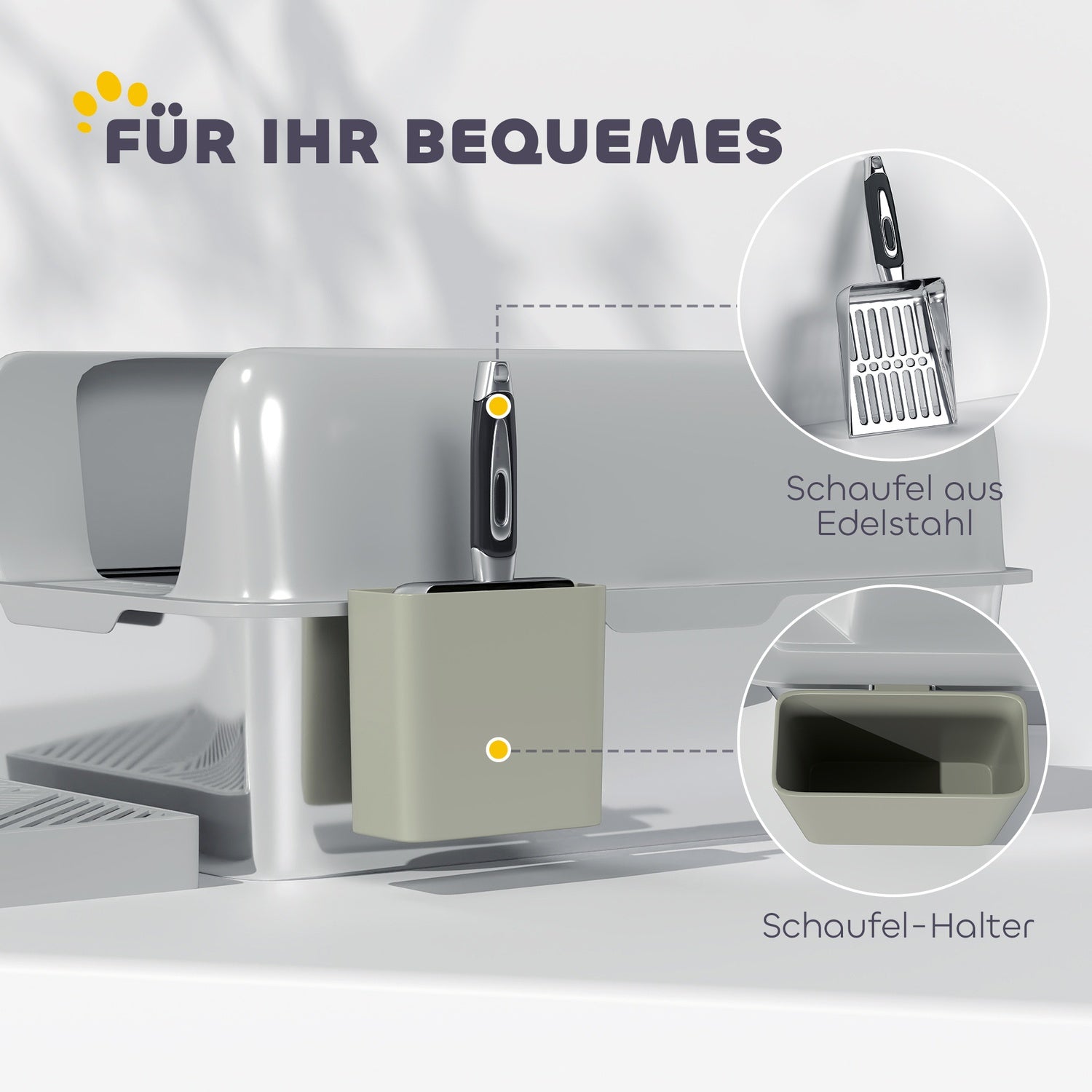 Kattlåda med lock & skopa, rostfritt stål, ljusgrå