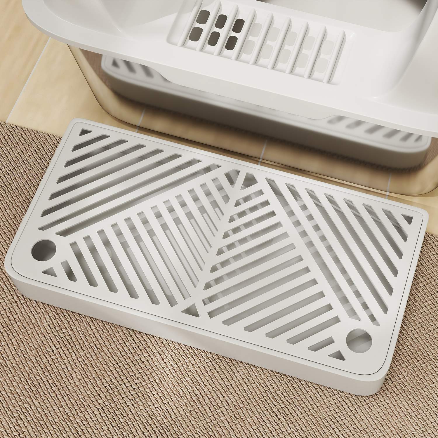 Kattlåda med lock & skopa, rostfritt stål, ljusgrå