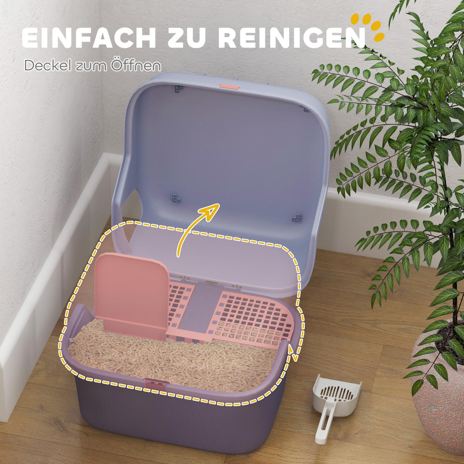 Kattlåda med lock, skopa, sil – lila, små katter